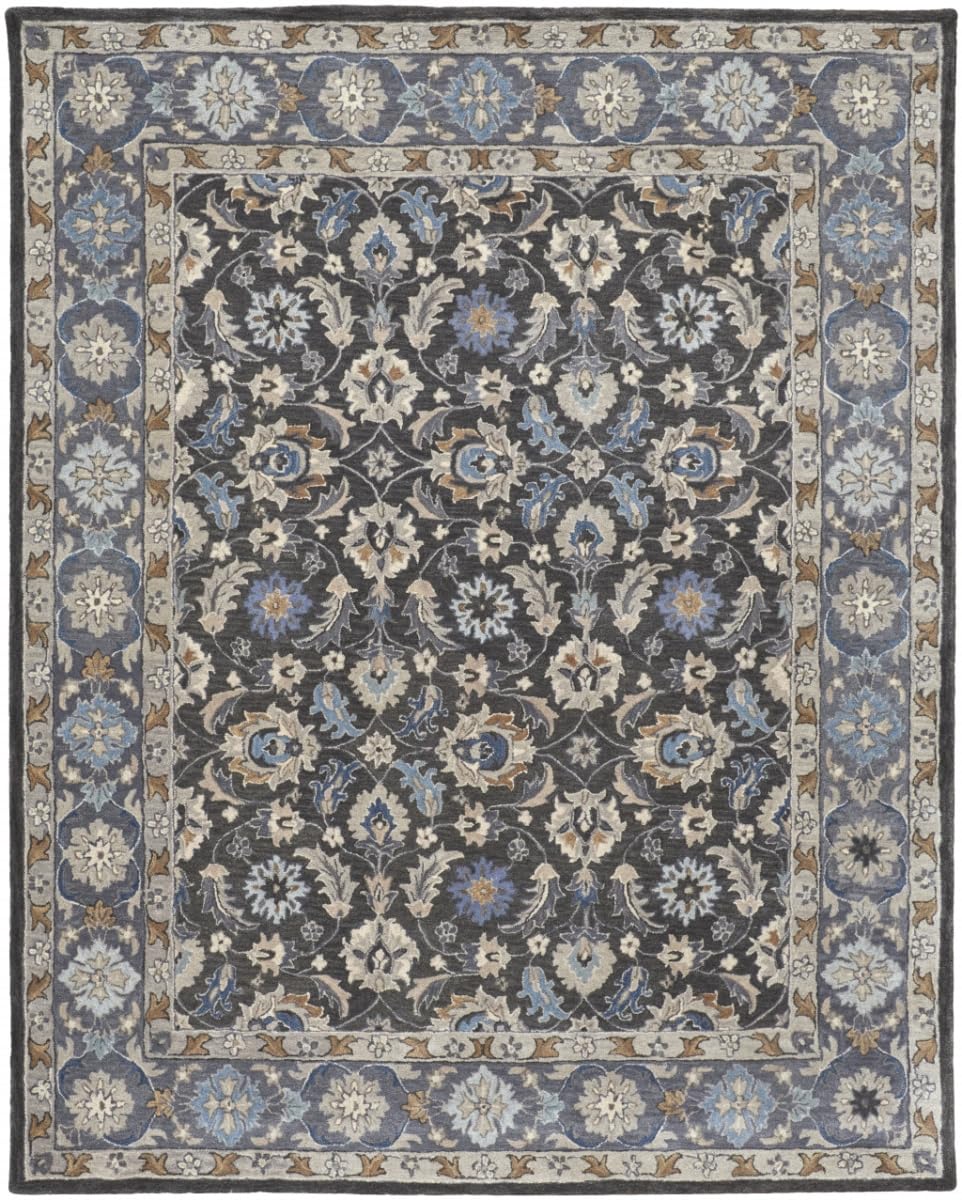 HomeRoots 514831 9 x 12 ft. Taupe Blue & Ivory Wool Floral Hand Tufted Handmade Stain Resistant Rectangle Area Rug