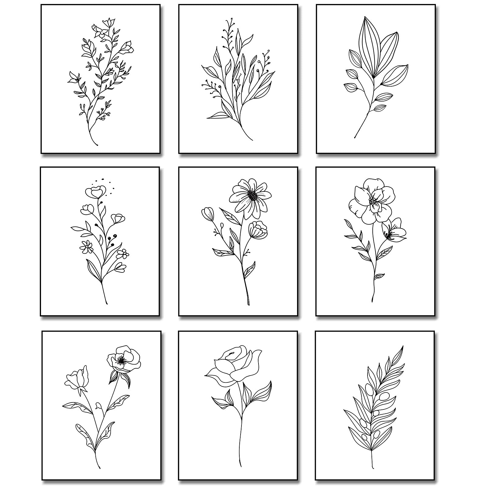 Outus 9 Pieces Botanical Plant Wall Art, Black White Plants Abstract Flowers Minimalist Flowers Decor for Bathroom Kitchen Wall 