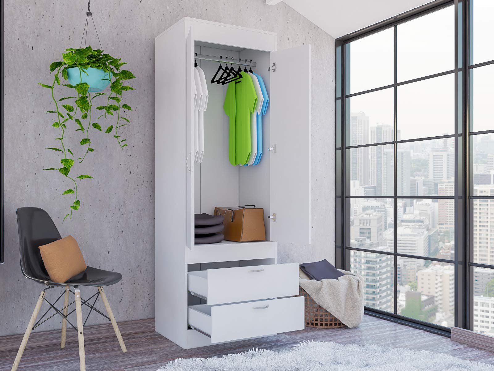 DEPOT E-SHOP Portugal Armoire with Double Door Cabinet, Two Drawers, Metal Handles, Rod, 70&quot; H, White, Bedroom