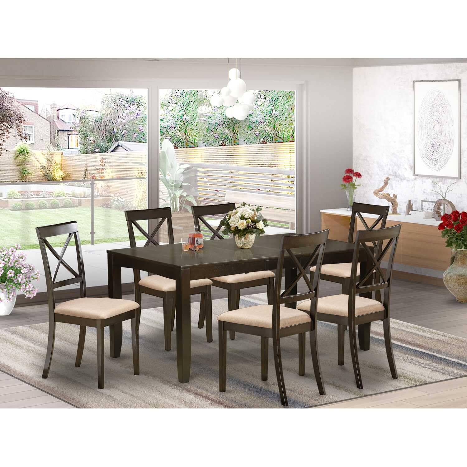East West Furniture Lybo7-Cap-C 7 Pc Dining Room Set-Kitchen Tables With Leaf Plus 6 Chairs For Dining Room