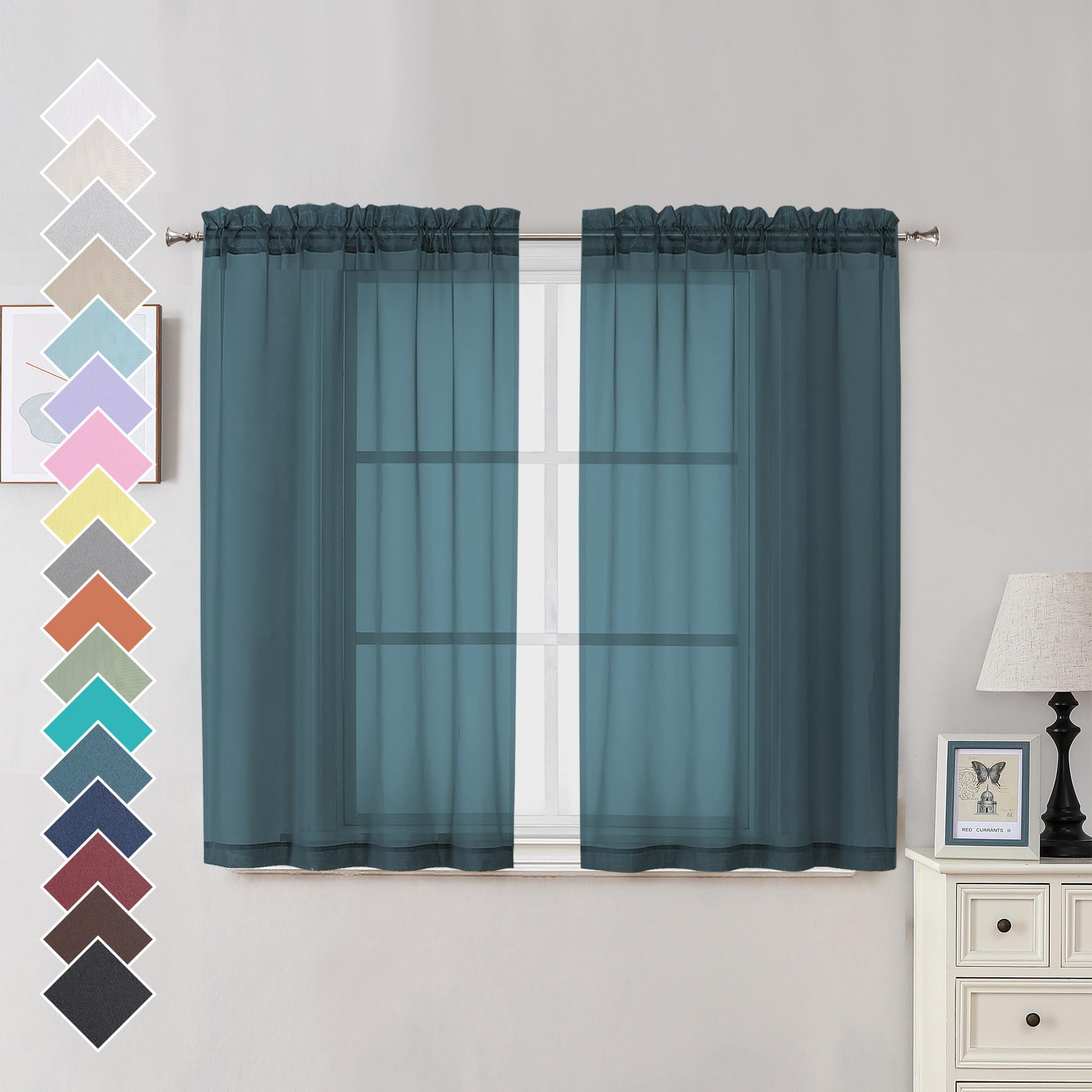 Ovzme Dusty Blue Sheer Curtains 45 Inches Long 2 Panels, Light Filtering Sheer Curtains For Bedroom, Elegant Airy Draperies For