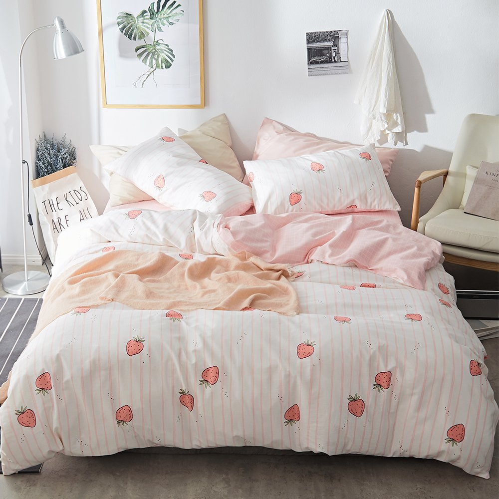Pink Strawberry Duvet Cover Kids Girl Kawaii Print Bedding Set Queen 1 Duvet Cover With 2 Pillowcases Cotton Strawberry Comforte
