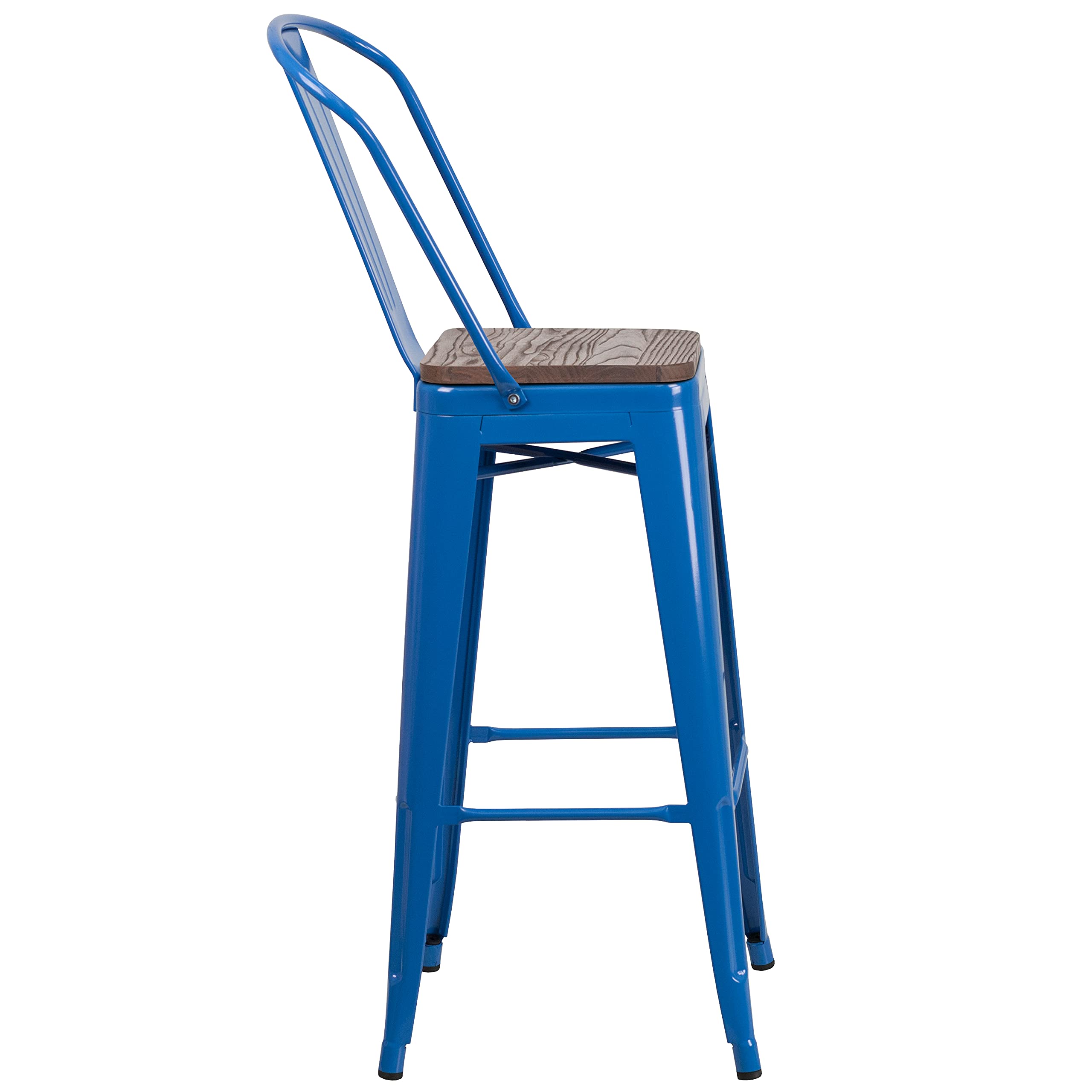 Flash Furniture Lily 30&quot; High Blue Metal Barstool with Back and Wood Seat (Pack of 1)