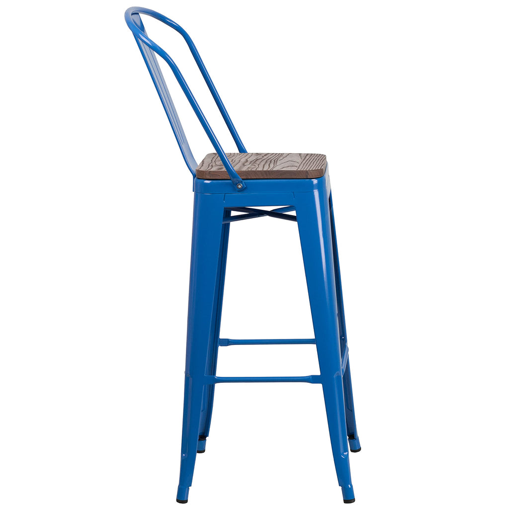 Flash Furniture Lily 30" High Blue Metal Barstool with Back and Wood Seat (Pack of 1)