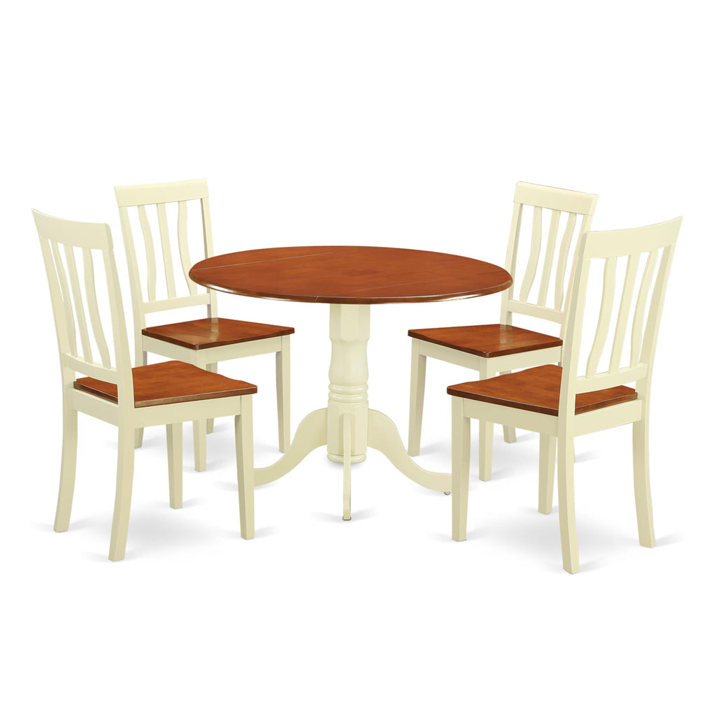 East West Furniture DLAN5-BMK-W 5 Piece Kitchen Table & Chairs Set Includes a Round Dining Room Table with Dropleaf and 4 Solid Wood Seat Chairs, 42x42 Inch, Buttermilk & Cherry