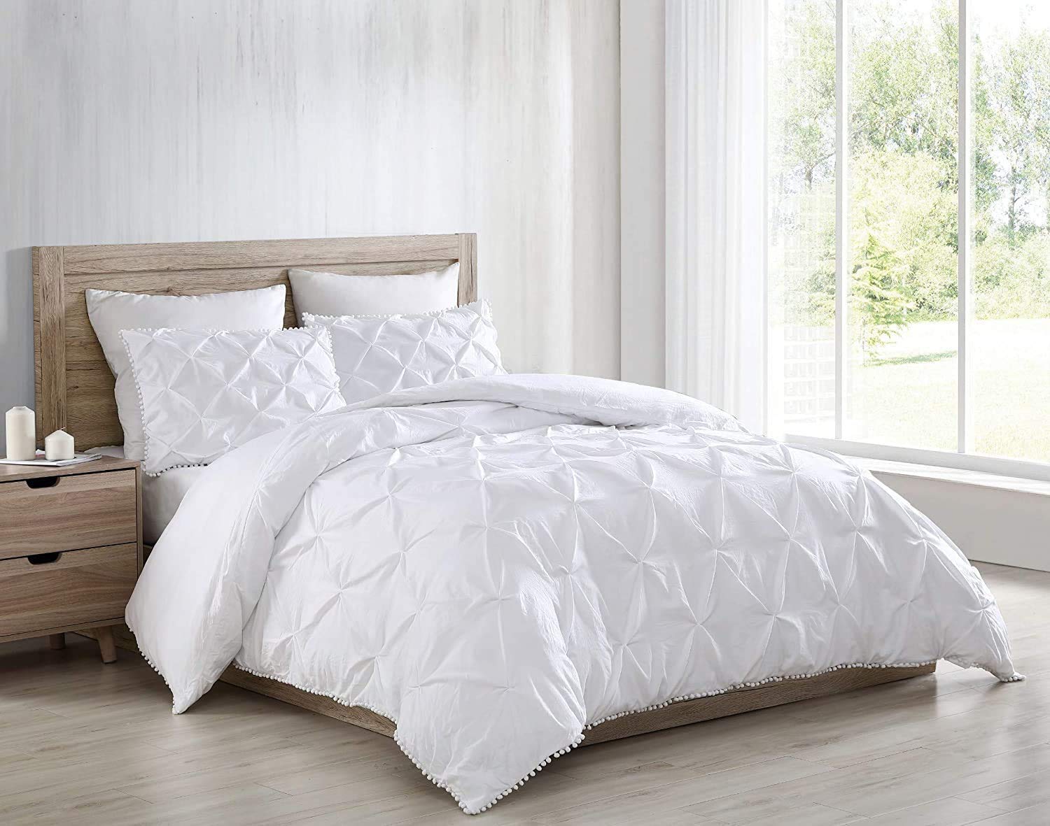 Chezmoi Collection Natalia 3-Piece Pom Pom Pinch Pleat Down Alternative Comforter Set,Soft Washed Microfiber Ball Fringe Bedding