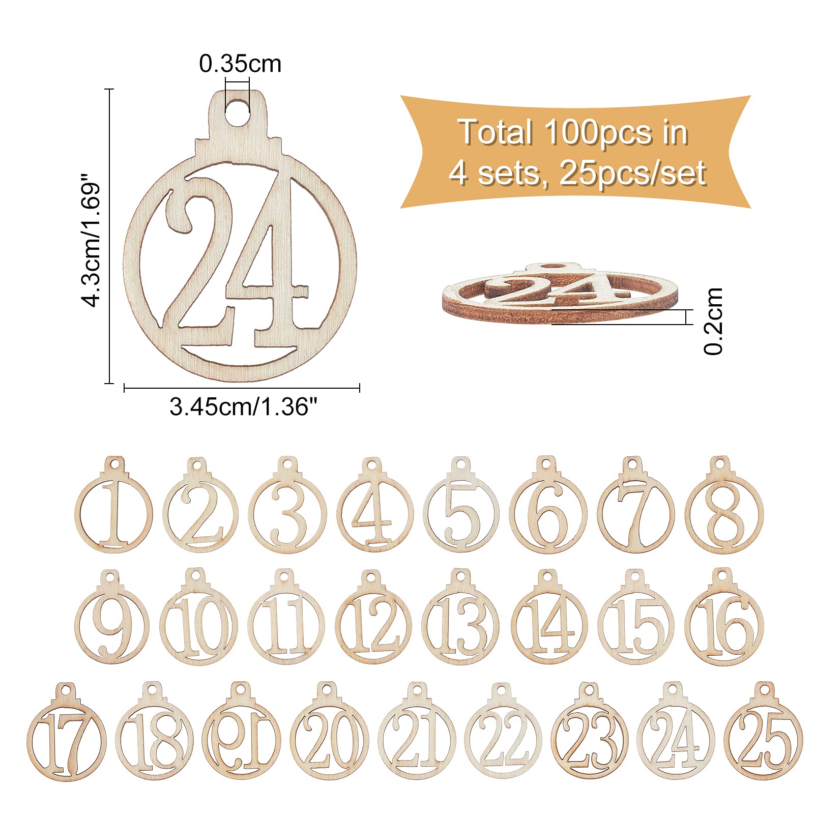 Nbeads 100 Pcs Number Wooden Calendar For Christmas, 1-25 Christmas Countdown Advent Calendar, Wooden Number Pendants For Christ