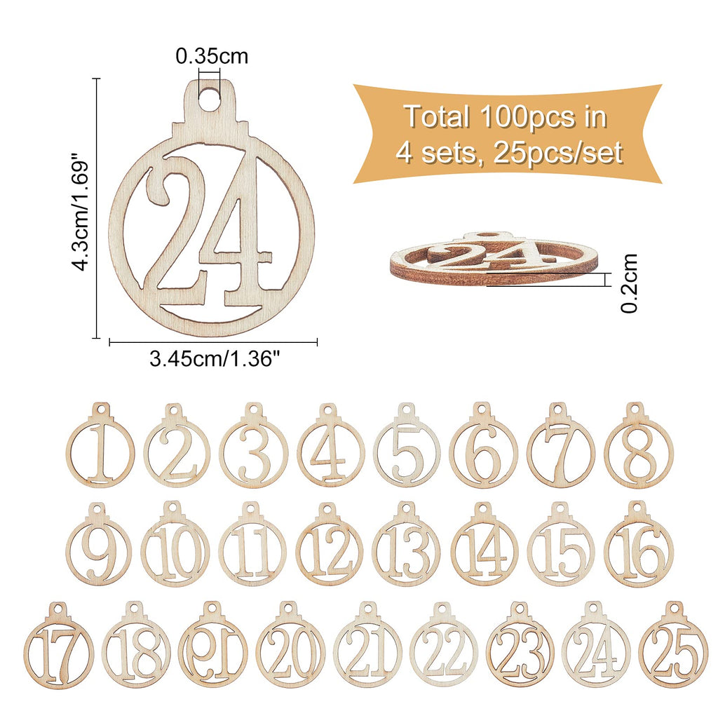 Nbeads 100 Pcs Number Wooden Calendar For Christmas, 1-25 Christmas Countdown Advent Calendar, Wooden Number Pendants For Christ