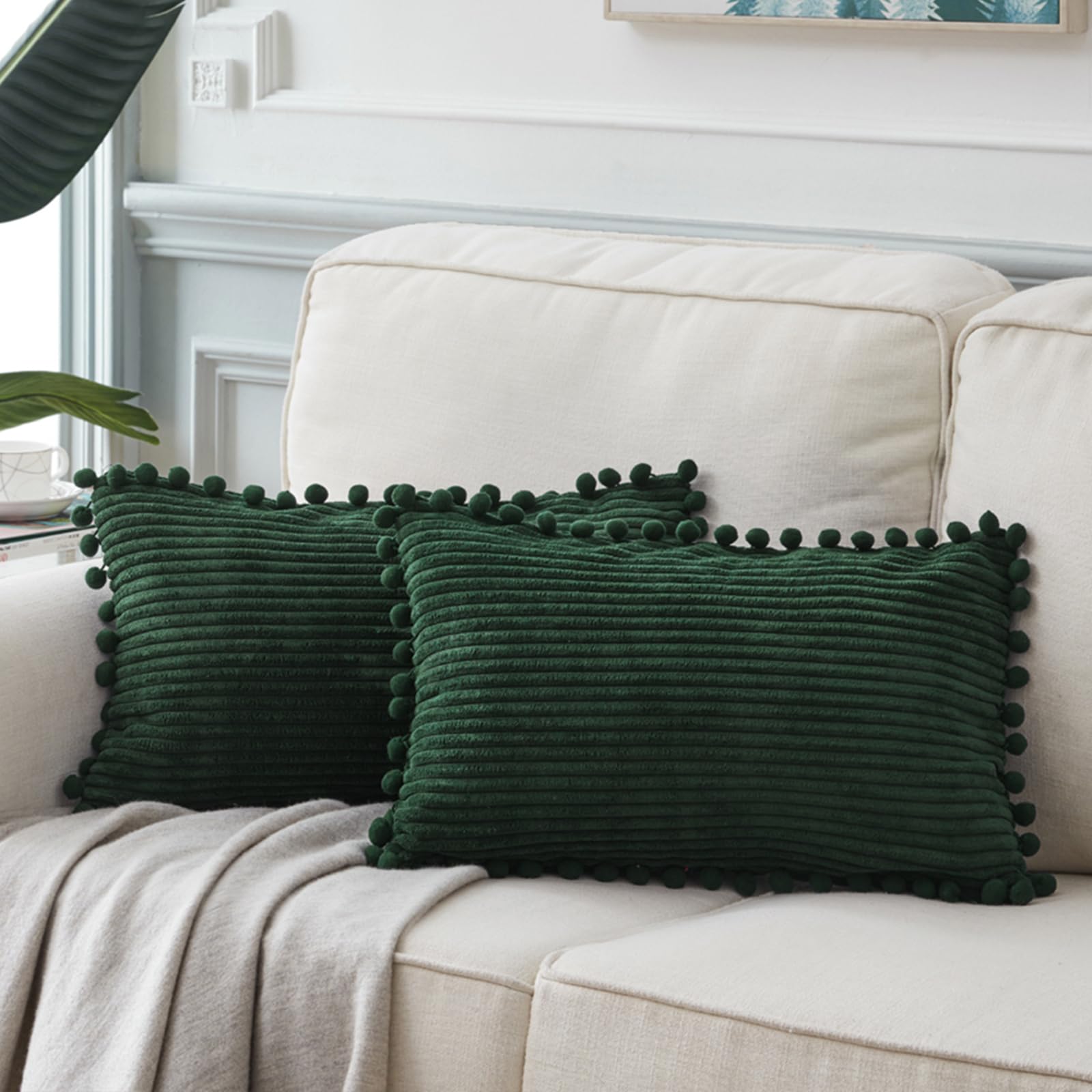 Fancy Homi 2 Pack Dark Green Lumbar Decorative Throw Pillow Covers 12X20 Inch With Pom-Poms For Couch Bedroom Sofa, Soft Corduro