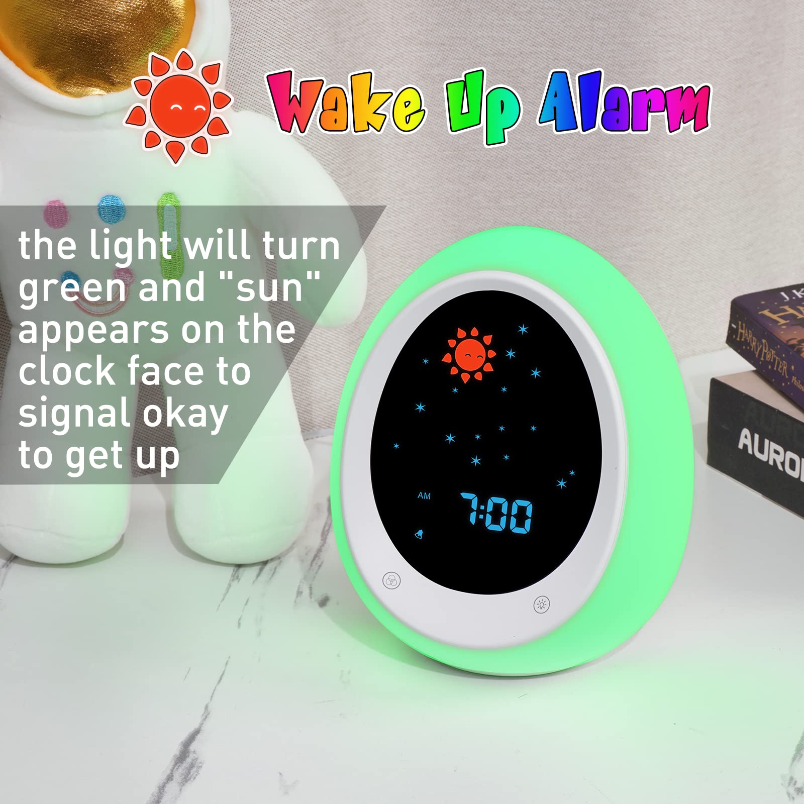 Butting Kids Alarm Clock, Toddler Sleep Training Clock With Sun & Moon, Sound Machine, Night Light, Ok To Wake Alarm Clock For C