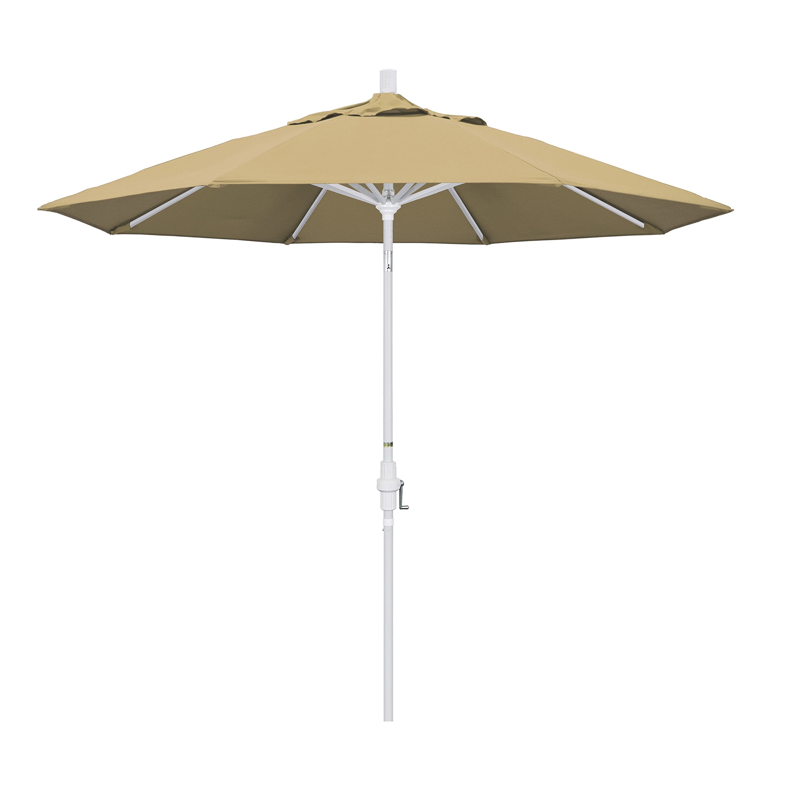 California Umbrella 9' Round Aluminum Market Umbrella, Crank Lift, Collar Tilt, White Pole, Champagne Olefin