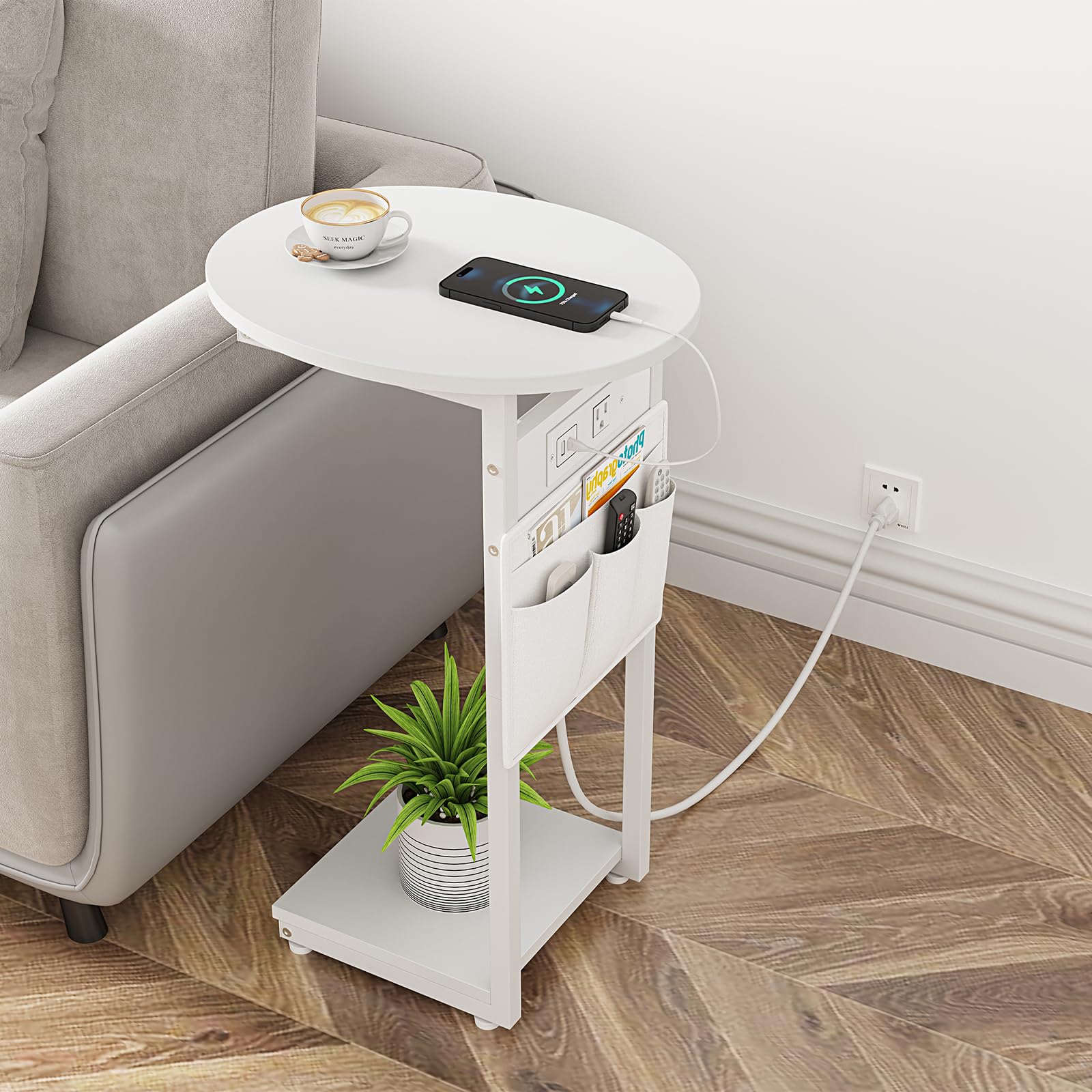 Vagusicc C Shaped End Table with Charging Station, Small Side Table for Couch, TV Tray Slide Under Sofa Table with Metal Frame f