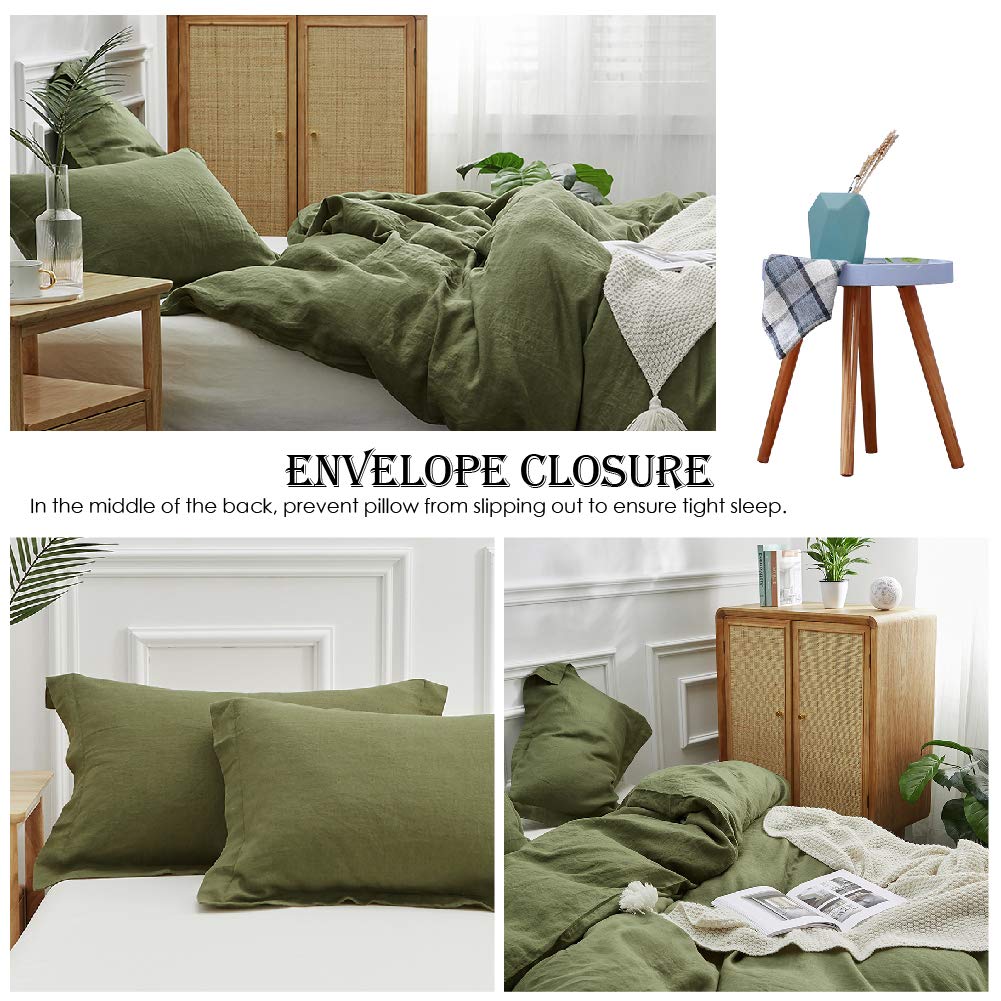 Simple&Opulence 100% Linen Duvet Cover Set 3Pcs Basic Style Natural French Washed Flax Solid Color Soft Breathable Farmhouse Bedding With Button Closure - Olive Green, Full