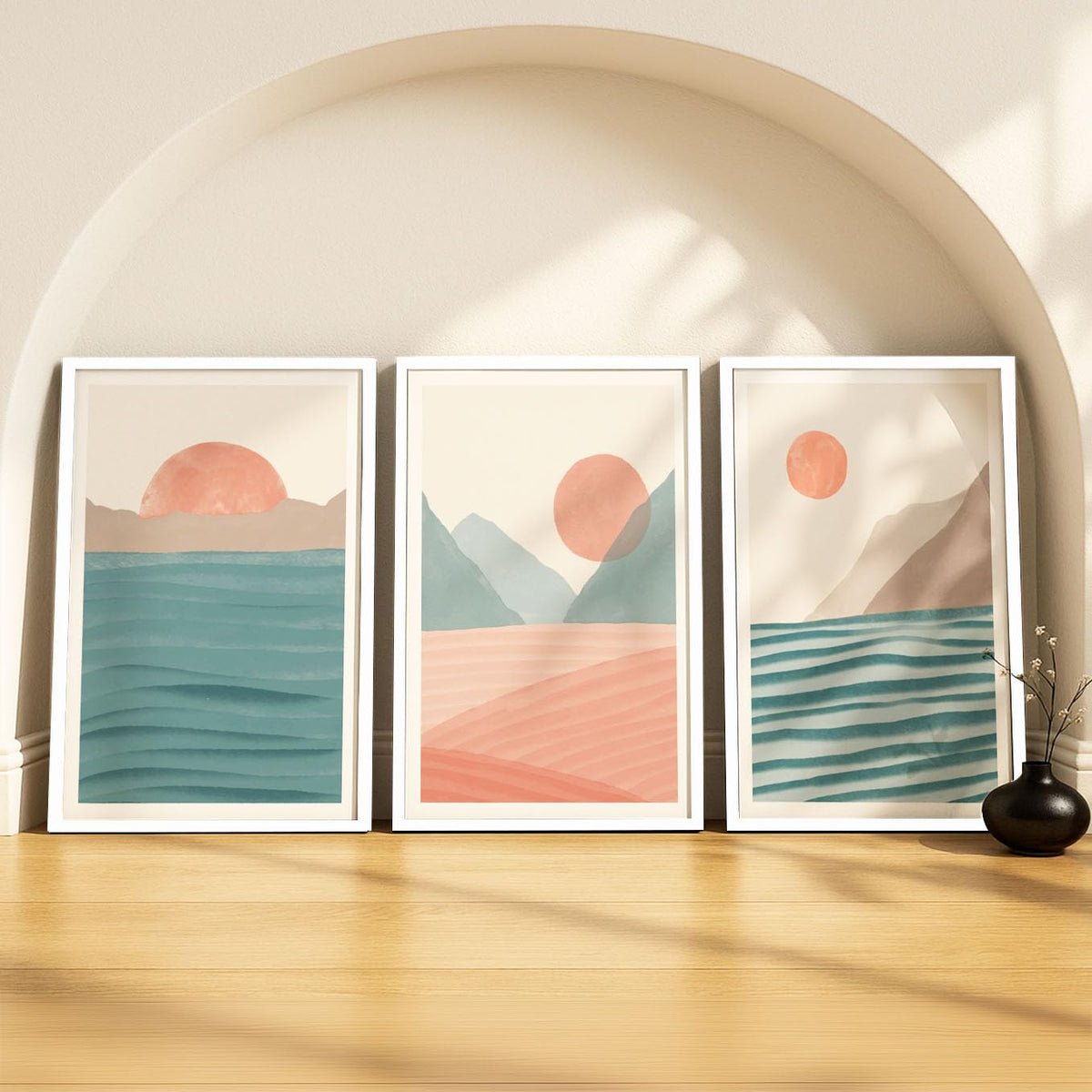 SoulAbiti Pastel Sunset Landscapes set of 3 Framed Wall Print 12x18 inch White Frame PlexiGlass Abstract Art ready to hang for