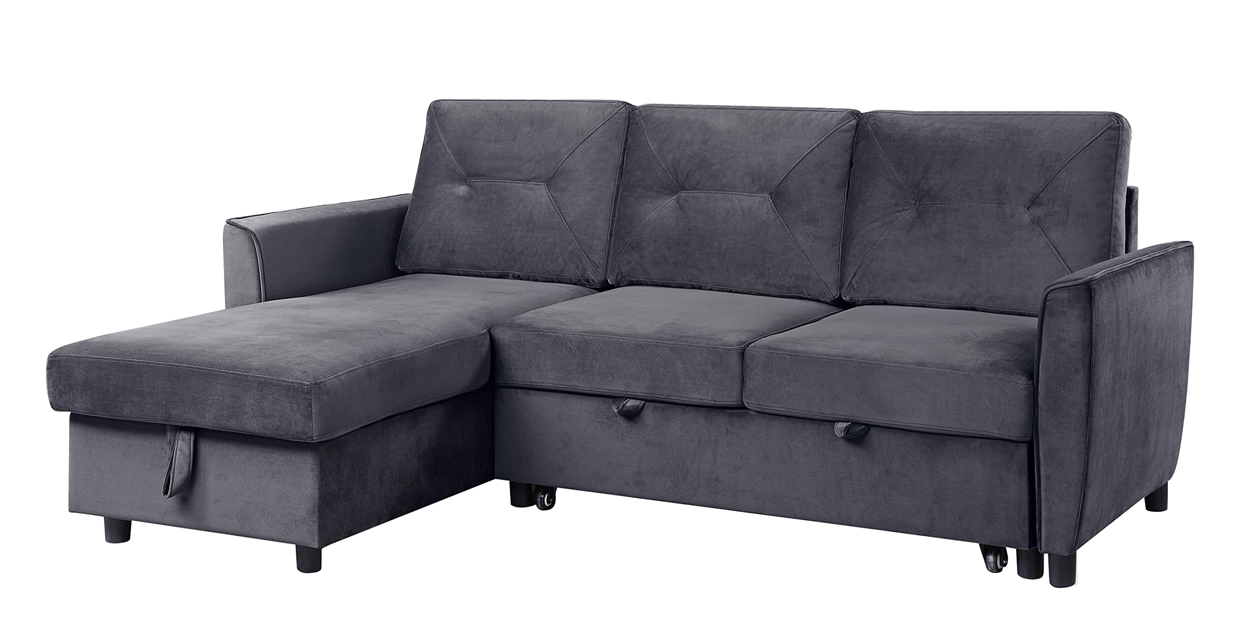 Lilola Home Hudson Dark Gray Velvet Reversible Sleeper Sectional Sofa With Storage Chaise