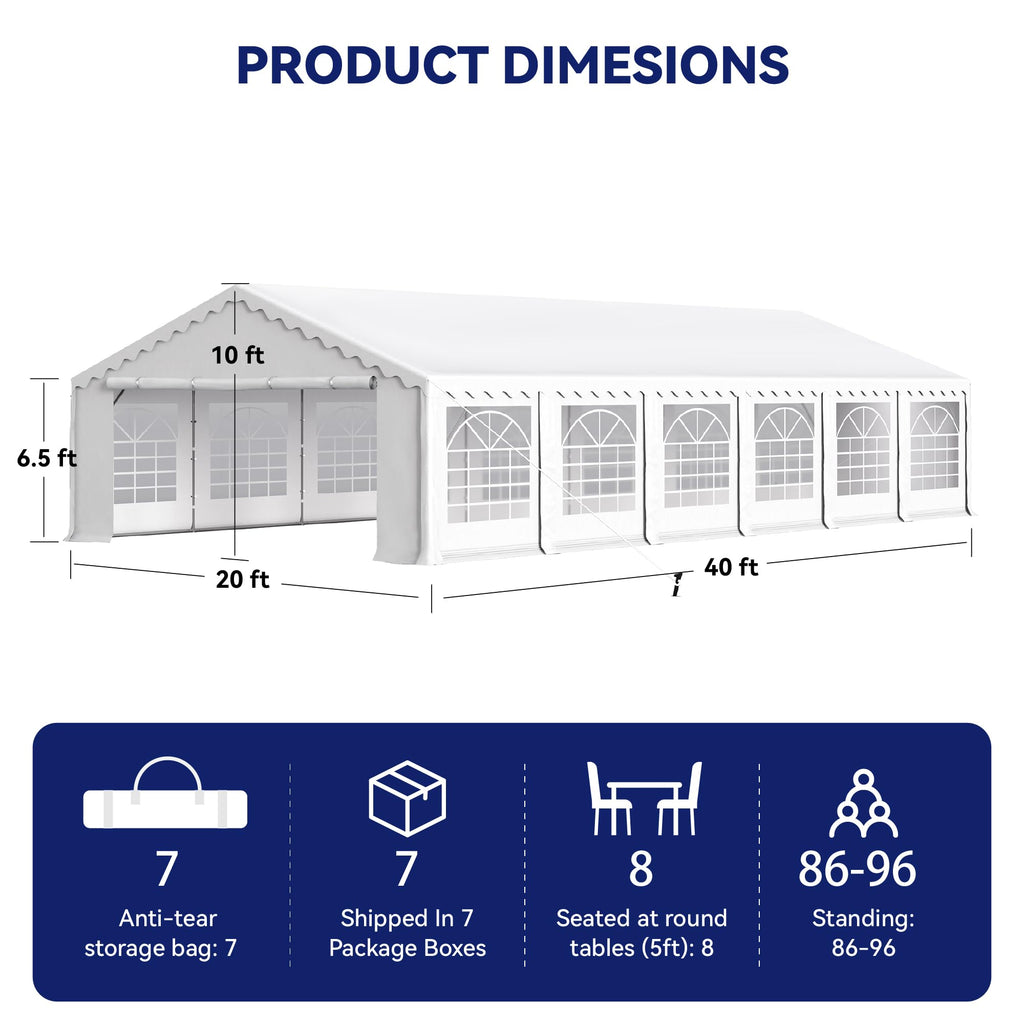 Phi Villa 40'X20' Outdoor Heavy Duty Party Tent Large Commercial Canopy Wedding Event Shelter With Removable Sidewalls & 7 Storage Bags For Patio Outdoor Garden Events, White