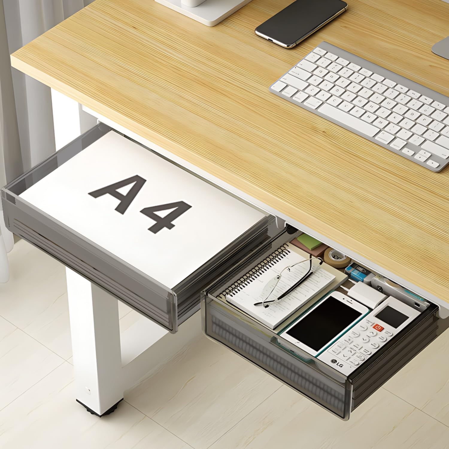 Svnnelp Under Desk Table Drawer Storage Organizer,2 Pack Large & Medium Slide Out Desk Drawers - Hidden Desktop Organizer,Attach