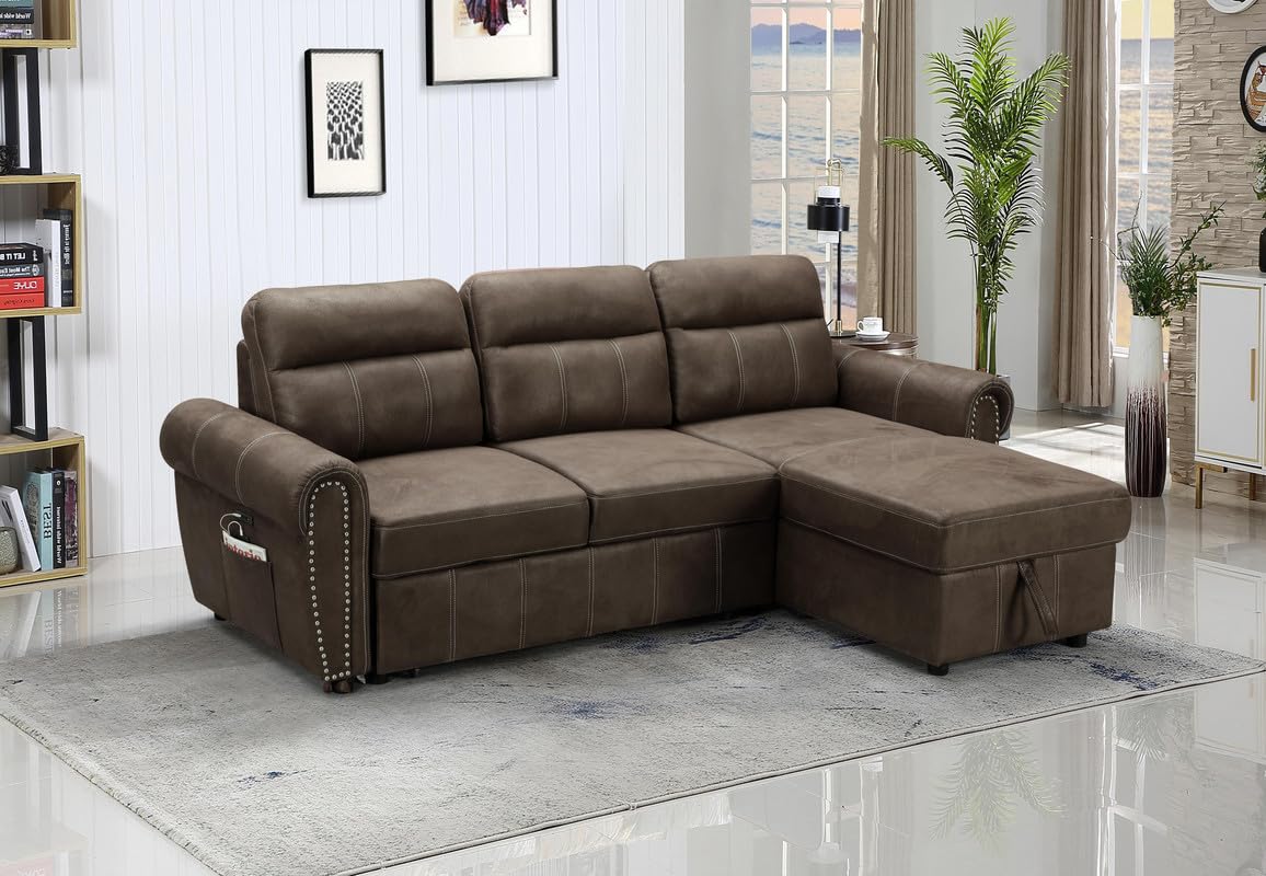 Lilola Home Hugo 96&quot; W Brown Reversible Sleeper Sectional Sofa Chaise with USB Charger