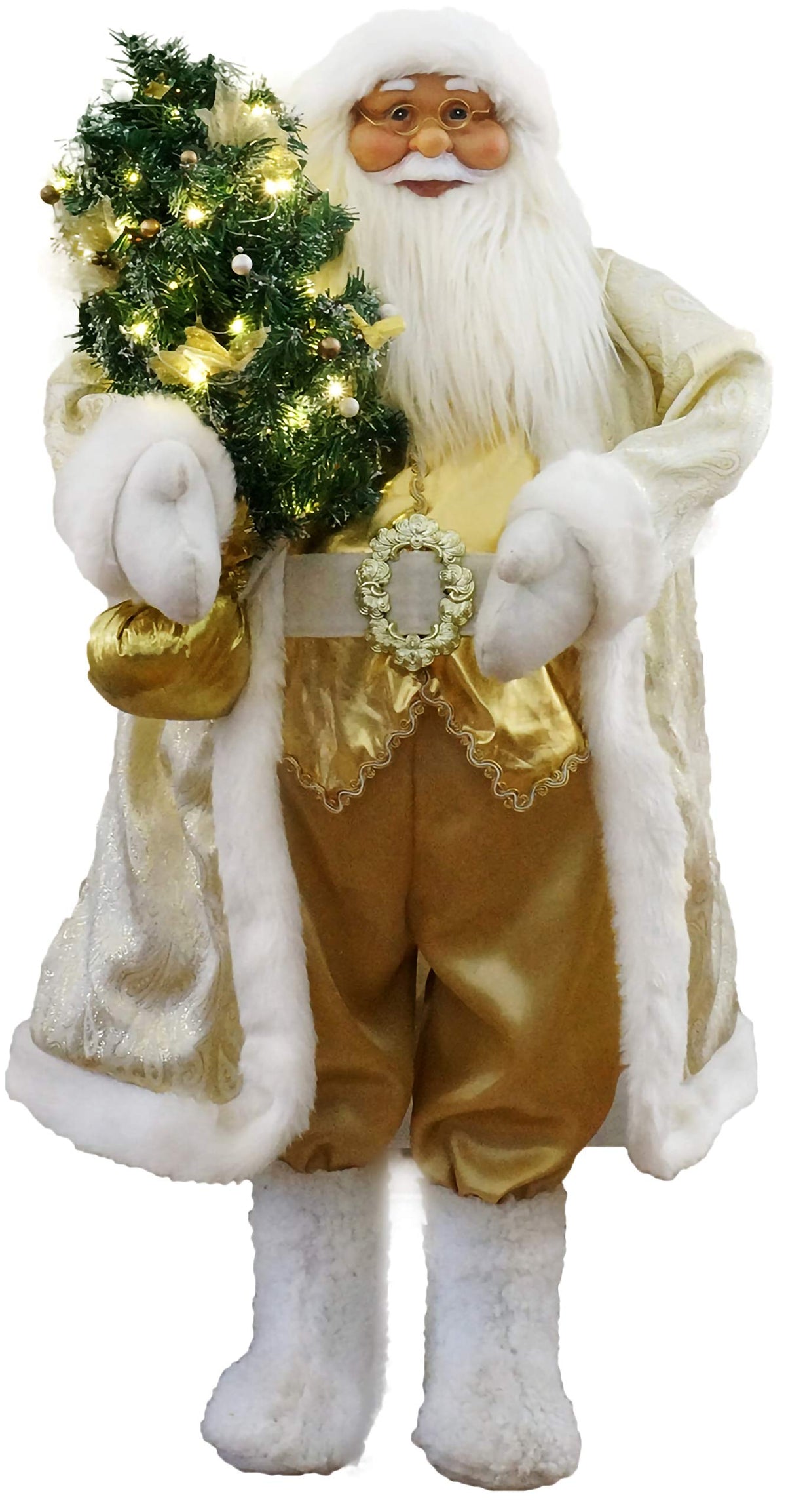 Fraser Hill Farm 3-Ft. Animatronic Santa Claus In Gold Outfit Holding Prelit Tree Decoration, Indoor Animated Holiday Home Decor, Musical Christmas Animatronic