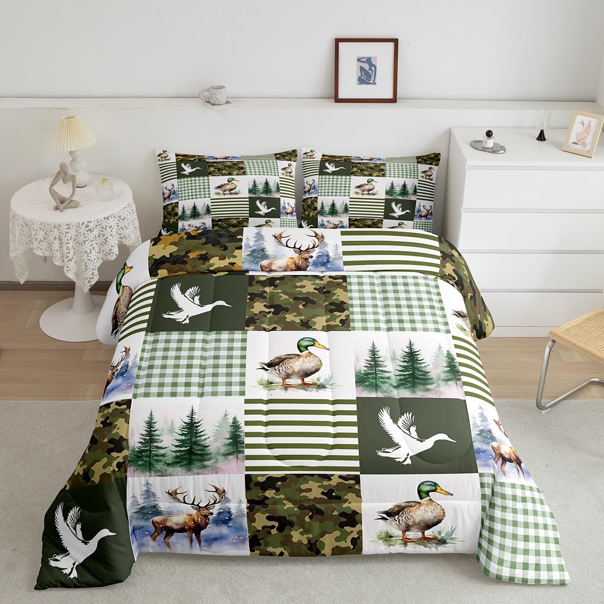 Feelyou Kids Mallard Duck Comforter Set Full Size, Duck Hunting Bedding Set Green Duck Comforter For Boys Girls Deer Hunting Duv