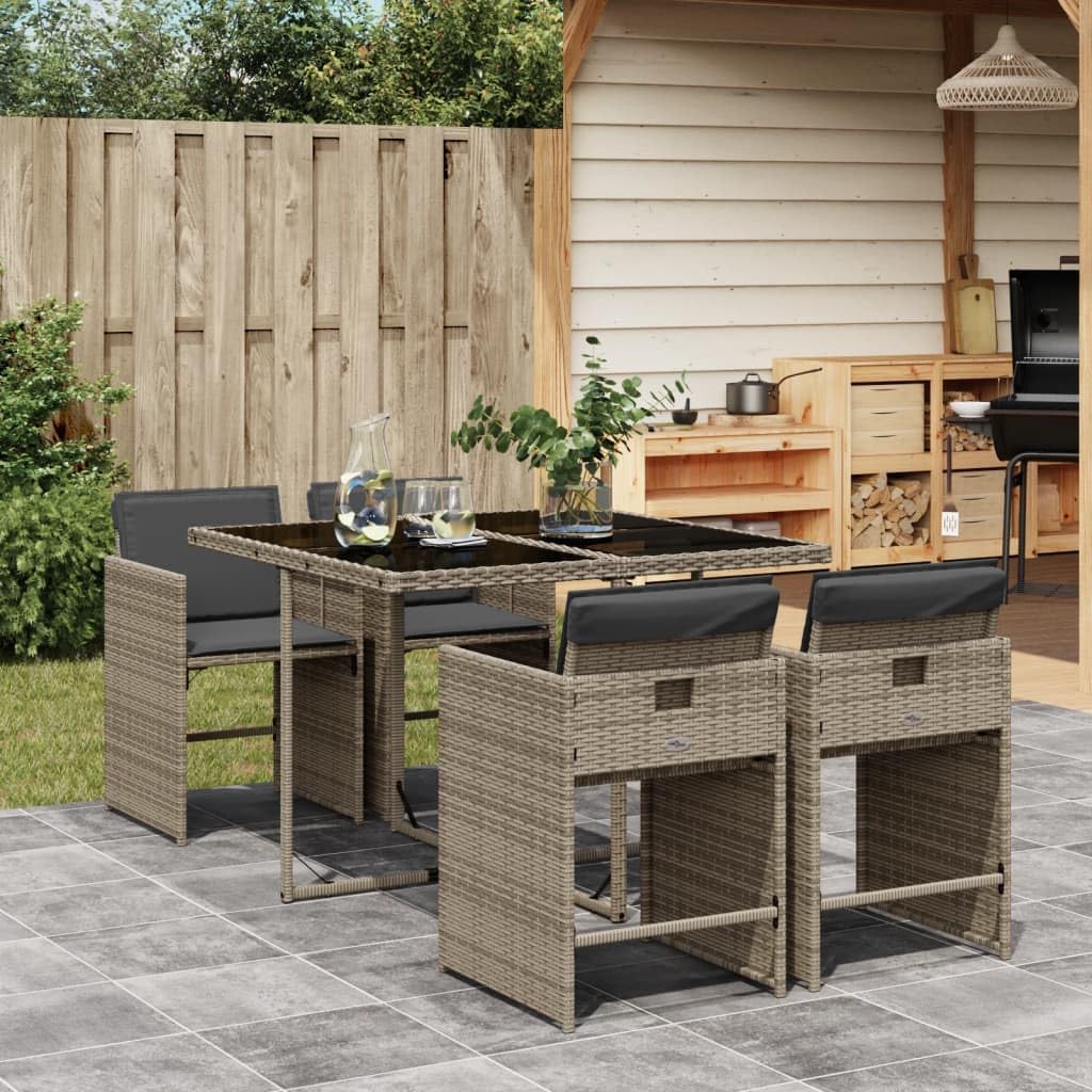 vidaXL Patio Dining Set - 5 Piece Gray PE Rattan Set with Cushions, Foldable Chairs, Compact Storage for Garden, Deck, Backyard