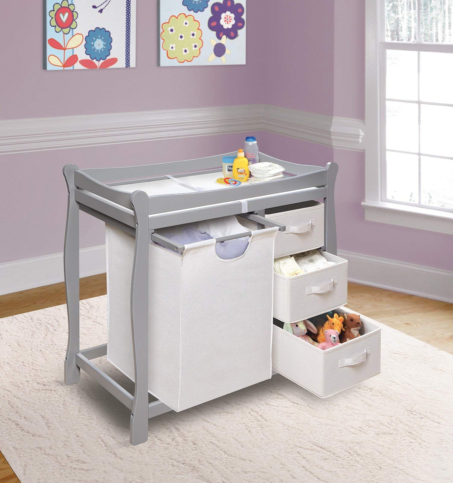 Badger Basket Sleigh-Style Baby Changing Table In Gray – Safe Changing Station With 3 Baskets, Hamper, And Changing Pad