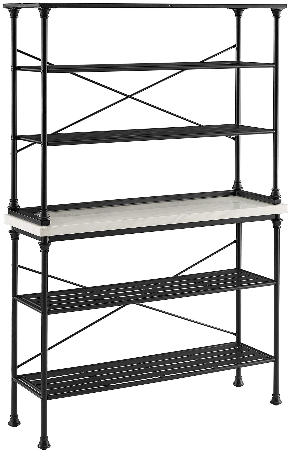 Crosley Furniture Madeleine Baker's Rack with Shelves for Storage, Microwave Stand, Coffee Bar, Steel with Faux Marble Top