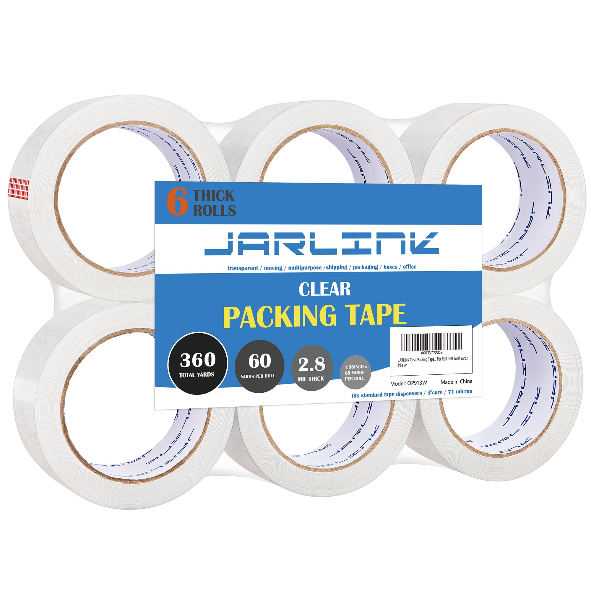 Jarlink Clear Packing Tape (6 Rolls), Heavy Duty Packaging Tape For Shipping Packaging Moving Sealing, Stronger & Thicker 2.8Mil
