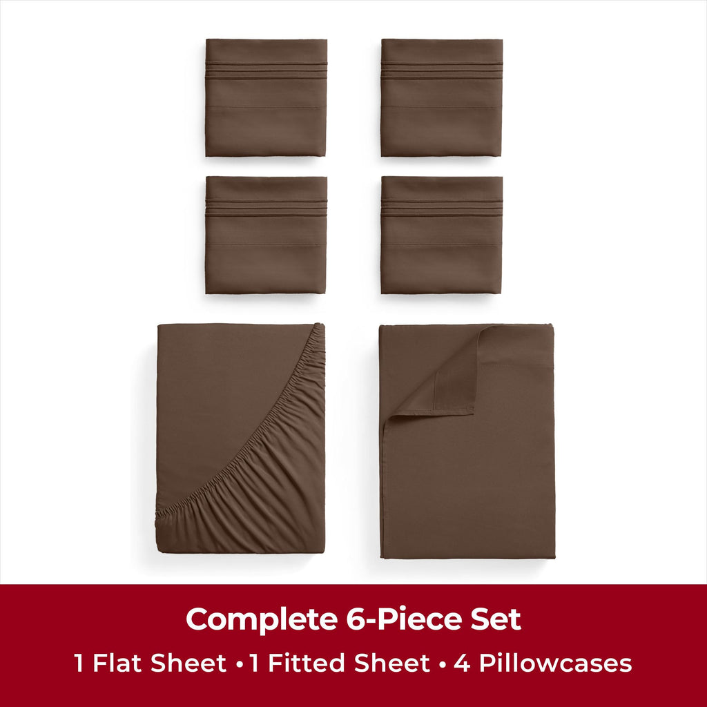 Mellanni Queen Sheet Set - 6-Piece Iconic Collection Bedding, (Including 4 Pillowcases), 16-Inch Deep Pocket, Easy Care, Extra Soft, Cooling Sheets, Brushed Microfiber - Brown