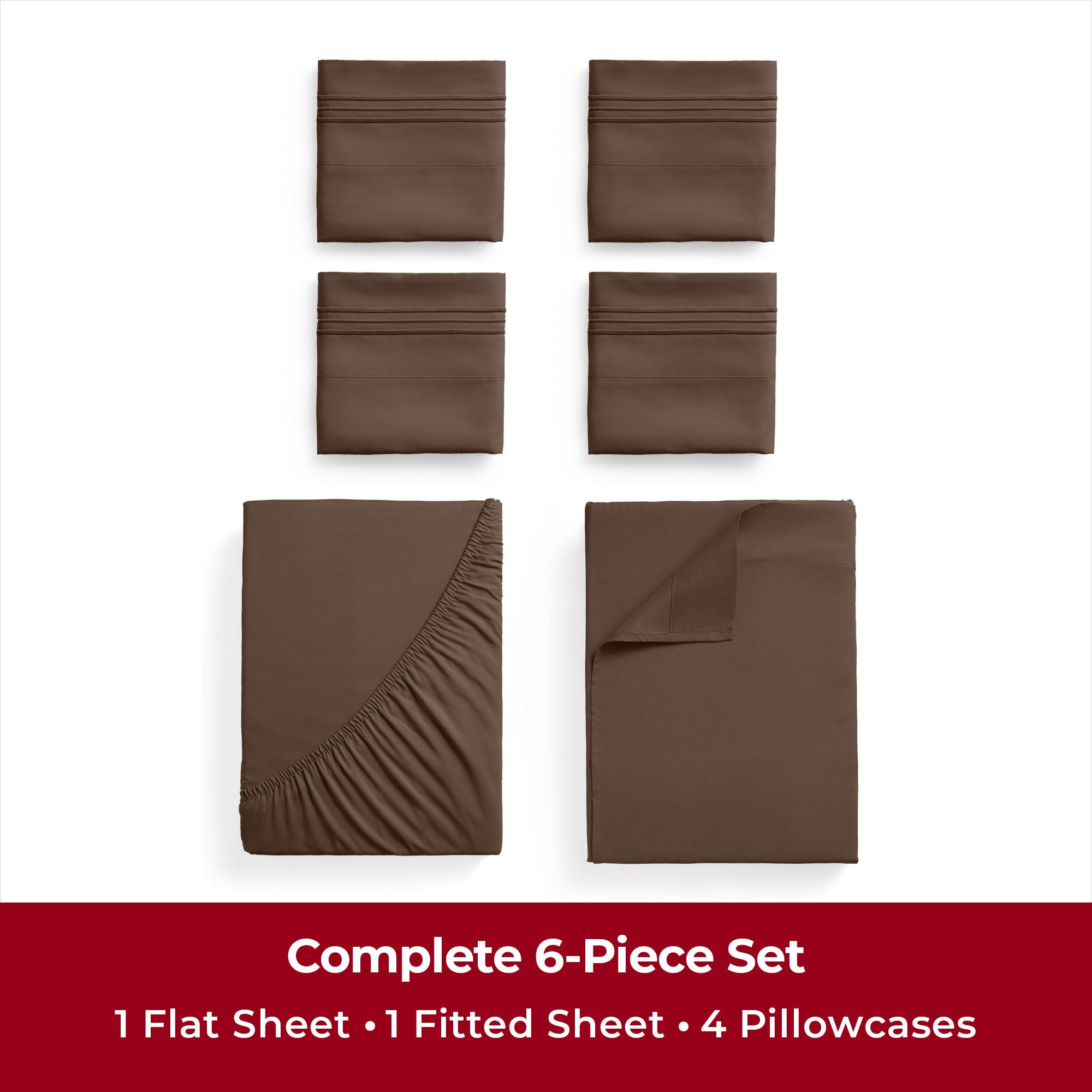 Mellanni California King Sheet Set - 6-Piece Iconic Collection Bedding, (Including 4 Pillowcases), 16-Inch Deep Pocket, Easy Care, Extra Soft, Cooling Sheets, Brushed Microfiber - Brown