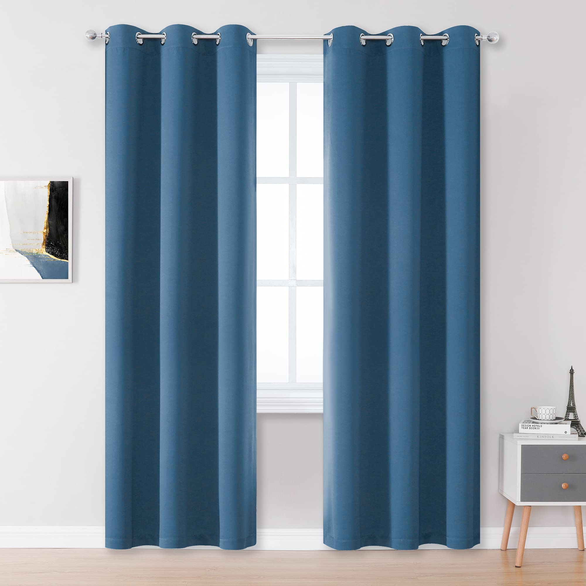 Dualife Denim Blue Curtains Blackout 84 Inch Length 2 Panels, Grommet Sunblock Room Darkening Long Skinny Curtains For Bedroom D