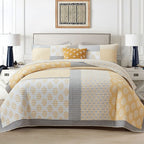 Finlonte Quilts Queen Size, 100% Cotton Queen Comforter Set, Yellow Grey Farmhouse Quilted Bedspread, Patchwork Lightweight Reve