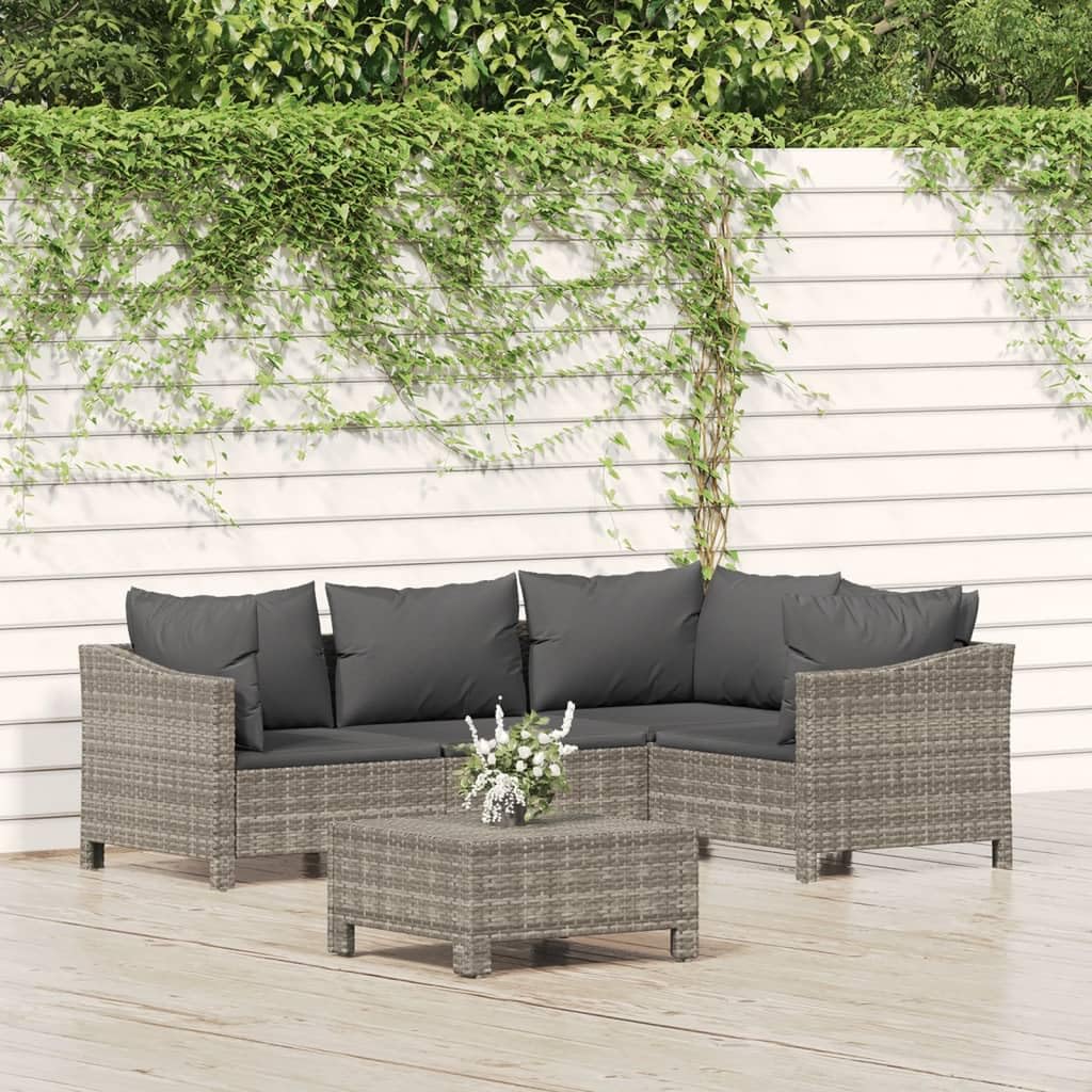vidaXL 5-Piece Outdoor Patio Lounge Set with Cushions in Gray, Weather-Resistant Poly Rattan Material, Modular Design, Comfortable Padded Seats & Back