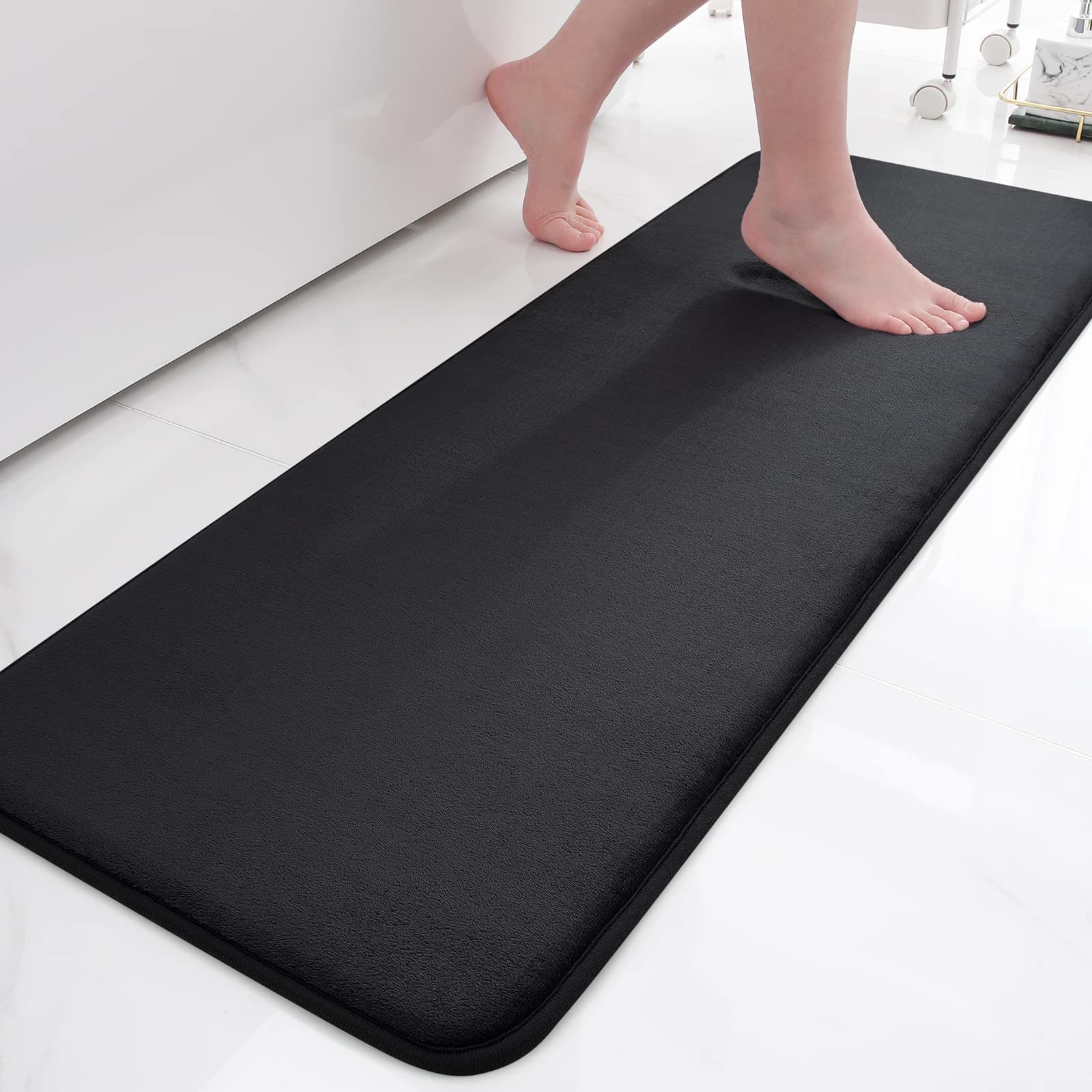smiry Memory Foam Bath Mat, Extra Soft Absorbent Bathroom Rugs Non Slip Bath Rug Runner for Shower Bathroom Floors, 47 x 17, Bla