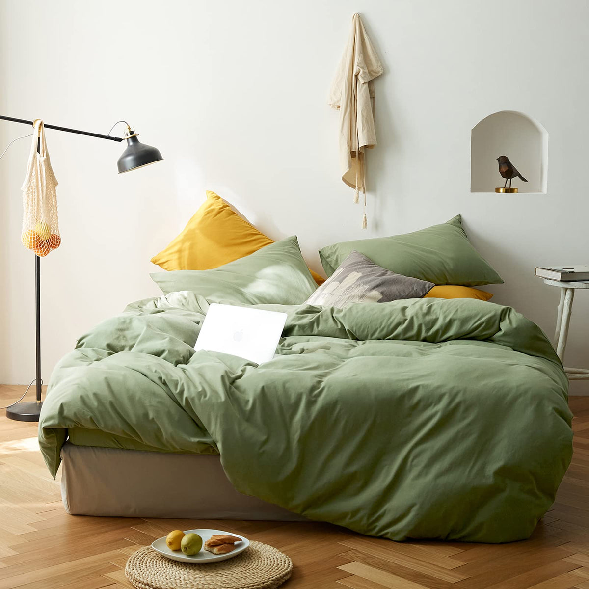 Amwan Avocado Green Duvet Cover Jersey Knit Cotton Bedding Set King Solid Color Comforter Cover Modern Style Green Bedding Cover