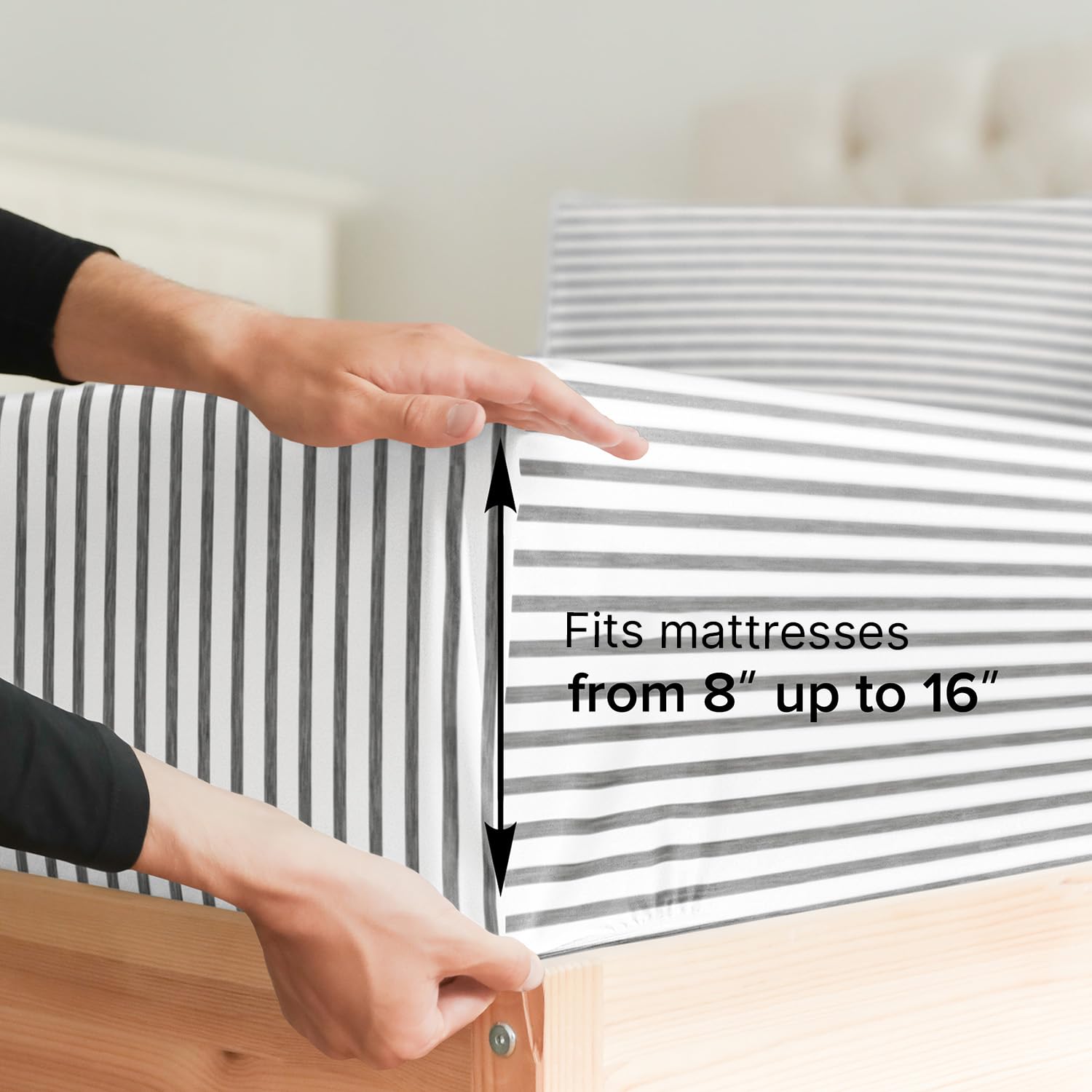 Full Size Fitted Bed Sheet - Hotel Luxury Single Fitted Bottom Sheet Only - Fits Mattress Between 8 To 16 Inches - Deep Pockets, Extra Soft And Wrinkle Free - Comfy Breathable & Cooling - Grey Stripes