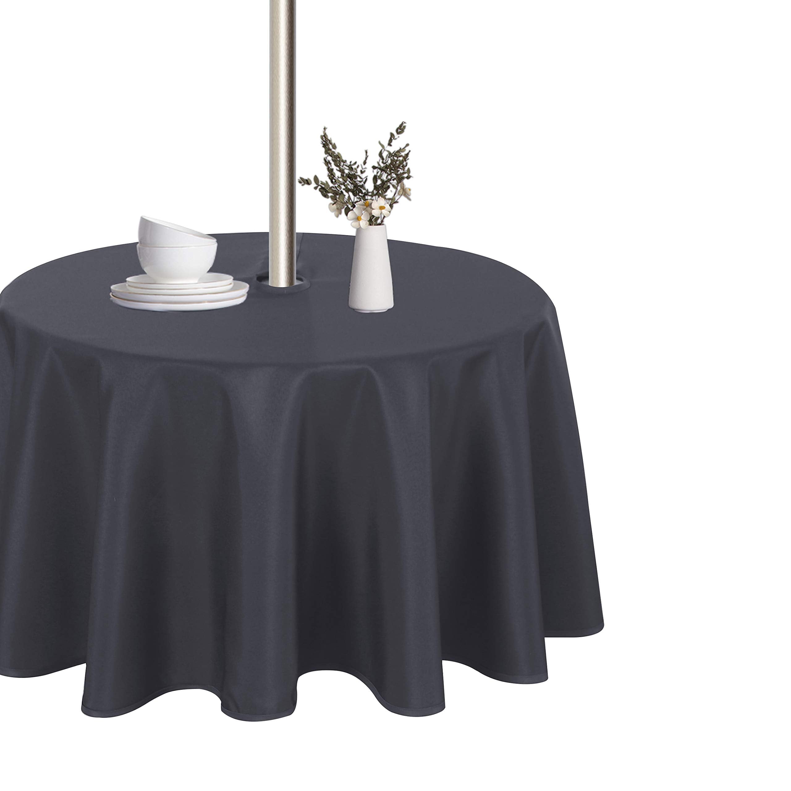 Lushvida Round Outdoor Tablecloth With Umbrella Hole And Zipper, 60 Inch Grey, Washable Waterproof Table Cloth Spill Proof Wrink