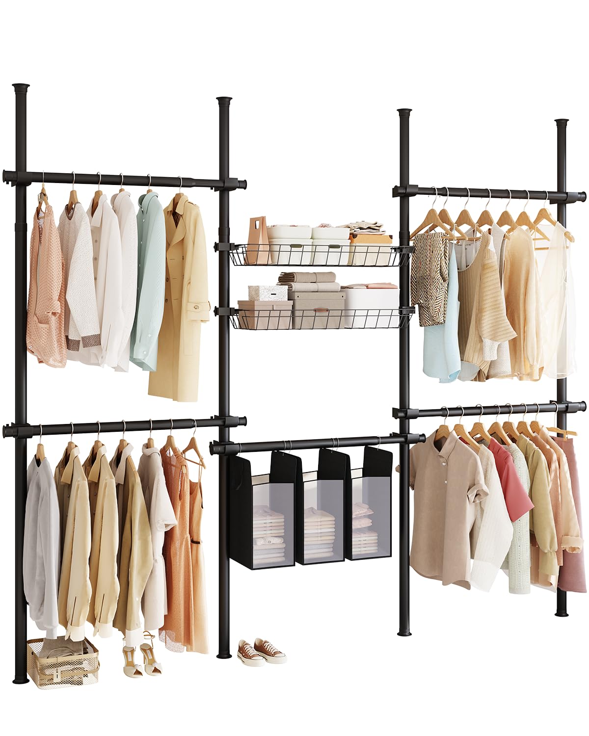 VELORGEMANE FloortoCeiling Clothes Rack with 2 Storage Baskets and 3 Laundry Hampers, Black