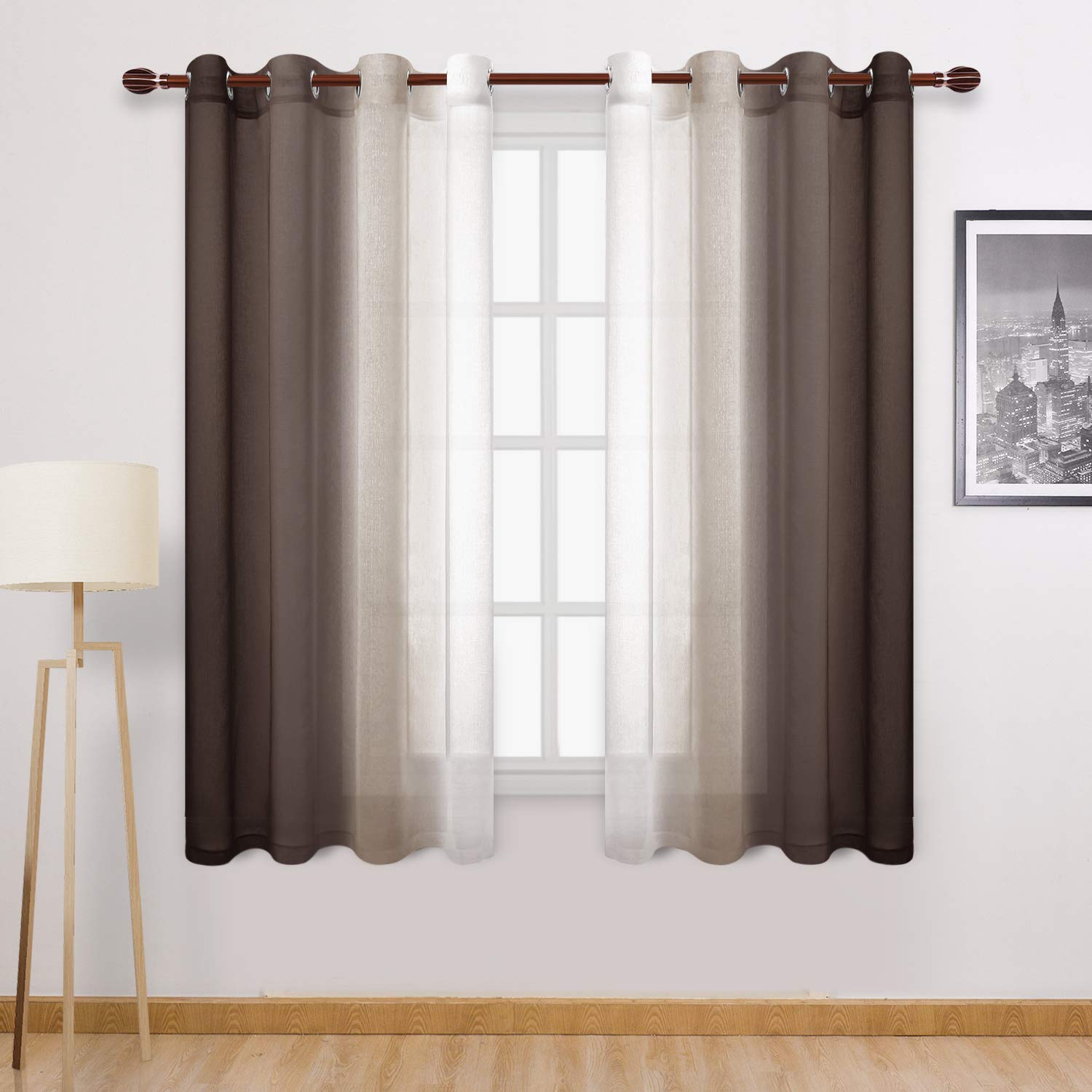 Dwcn Ombre Sheer Curtains - Faux Linen Semi Voile Gradient Bedroom And Living Room Curtains, Set Of 2 Grommet Top Window Drape P