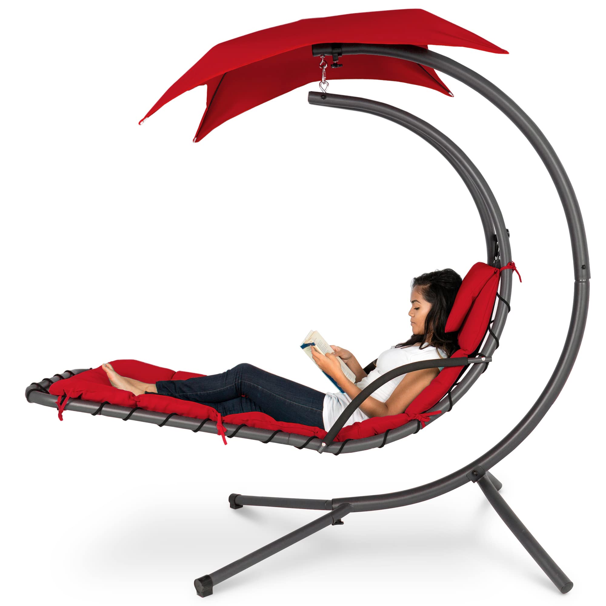 Best Choice Products Outdoor Hanging Curved Steel Chaise Lounge Chair Swing W/Built-In Pillow And Removable Canopy -Red