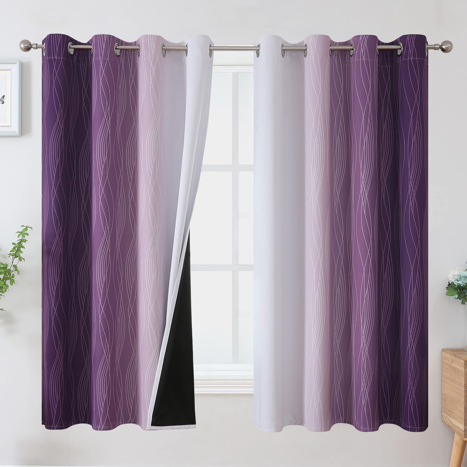 Estelar Textiler Purple And Greyish White Blackout Curtains 63 Inch Length 2 Panels Set, Room Darkening Grommet Ombre Curtains F