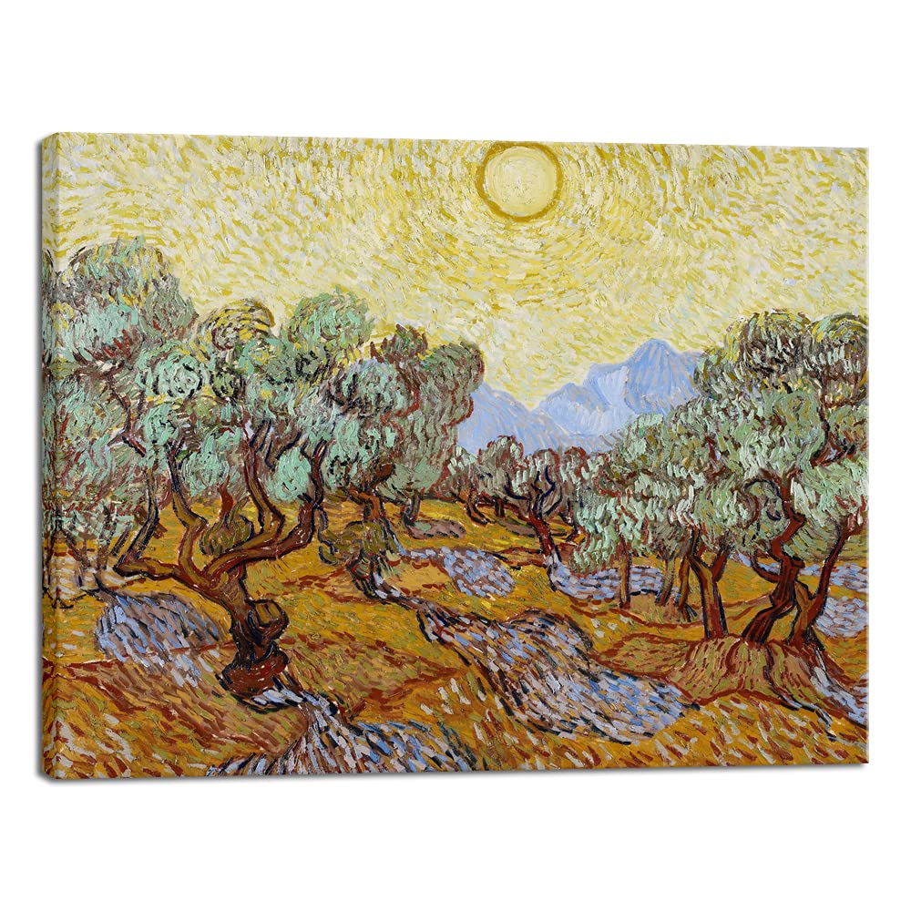 Wieco Art Olive Trees with Yellow Sky and Sun Canvas Print of Vincent Van Gogh Wall Art Paintings Reproduction Field Pictures Ar