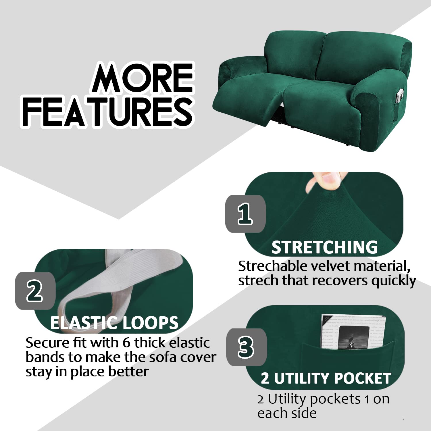 Ulticor Extra Wide 75'' - 100'', Reclining 2 Seater Sofa Cover, Extra Wide Reclining Love Seat Slipcover, 6-Piece Velvet Stretch
