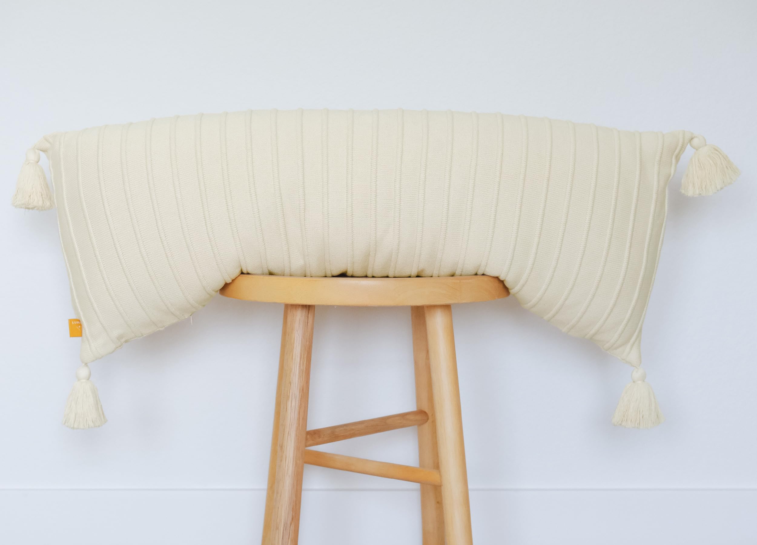 Lumi Living 100% Soft Cotton Raised Stripes Textured Rib Knit Lumbar Throw Pillow Cover With Tassels 14X36 (Oat Milk)