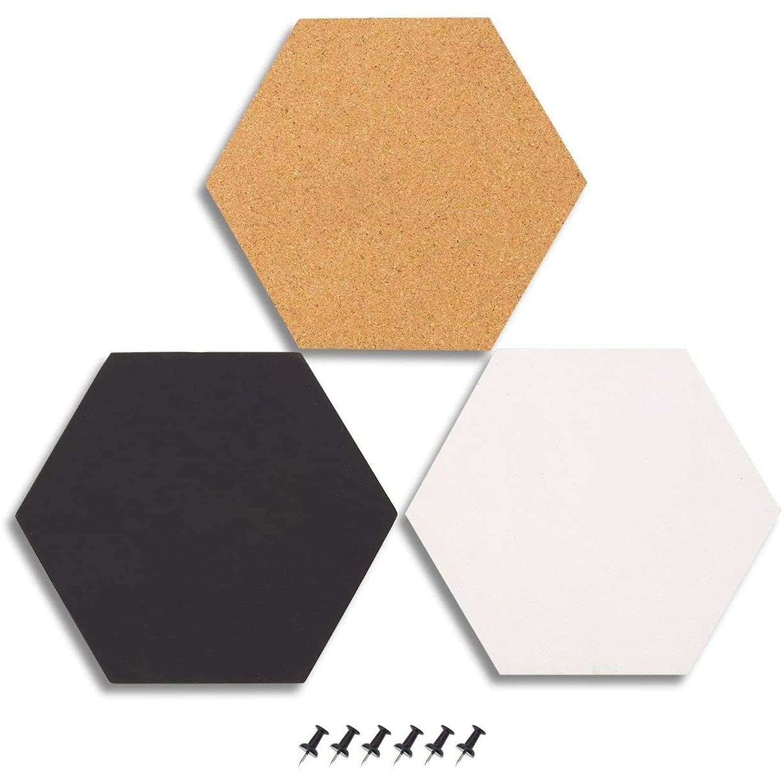 Juvale 3 Pack Hexagon Cork Board Tiles With Push Pins, Self-Adhesive Bulletin Boards For Walls (Small, 7.9 In)