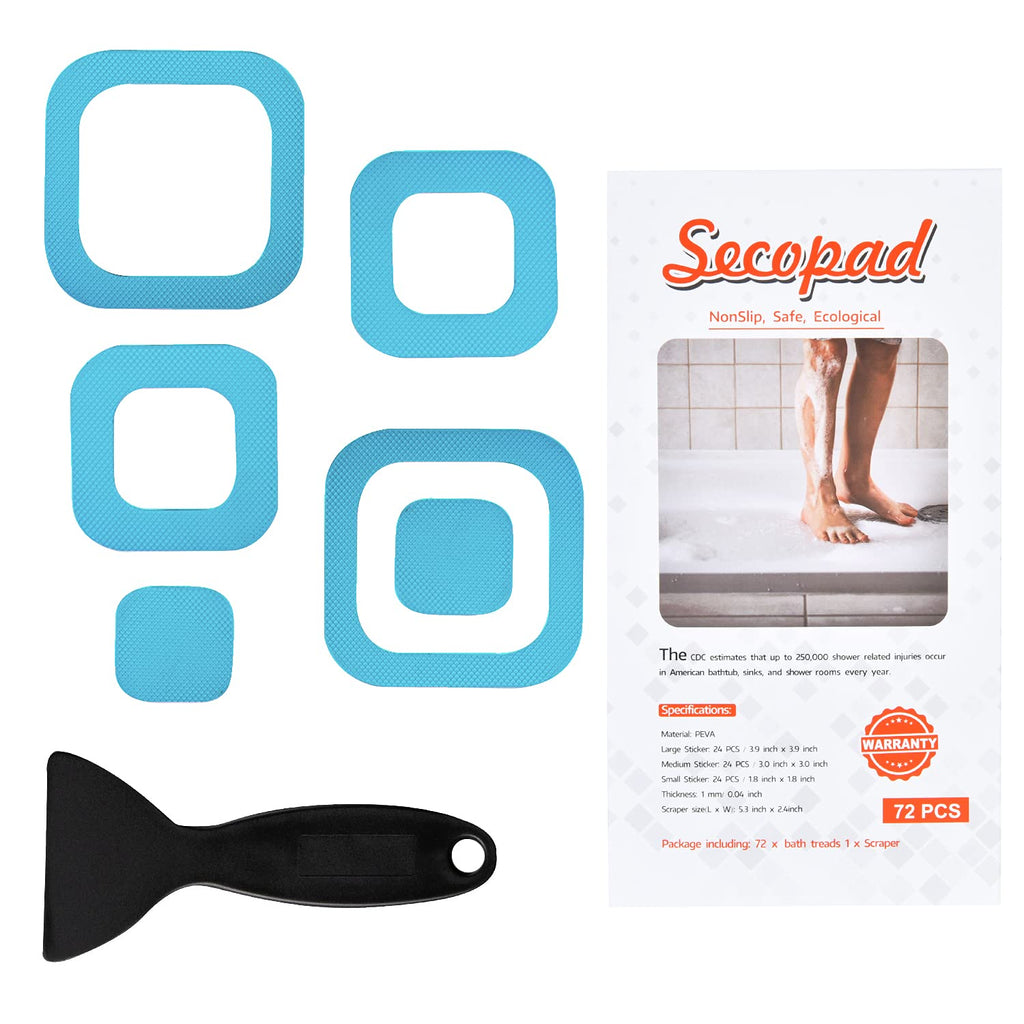 Secopad Non-Slip Bathtub Stickers, 72 PCS Safety Bathroom Tubs Showers Treads Adhesive Decals Scraper (Blue)