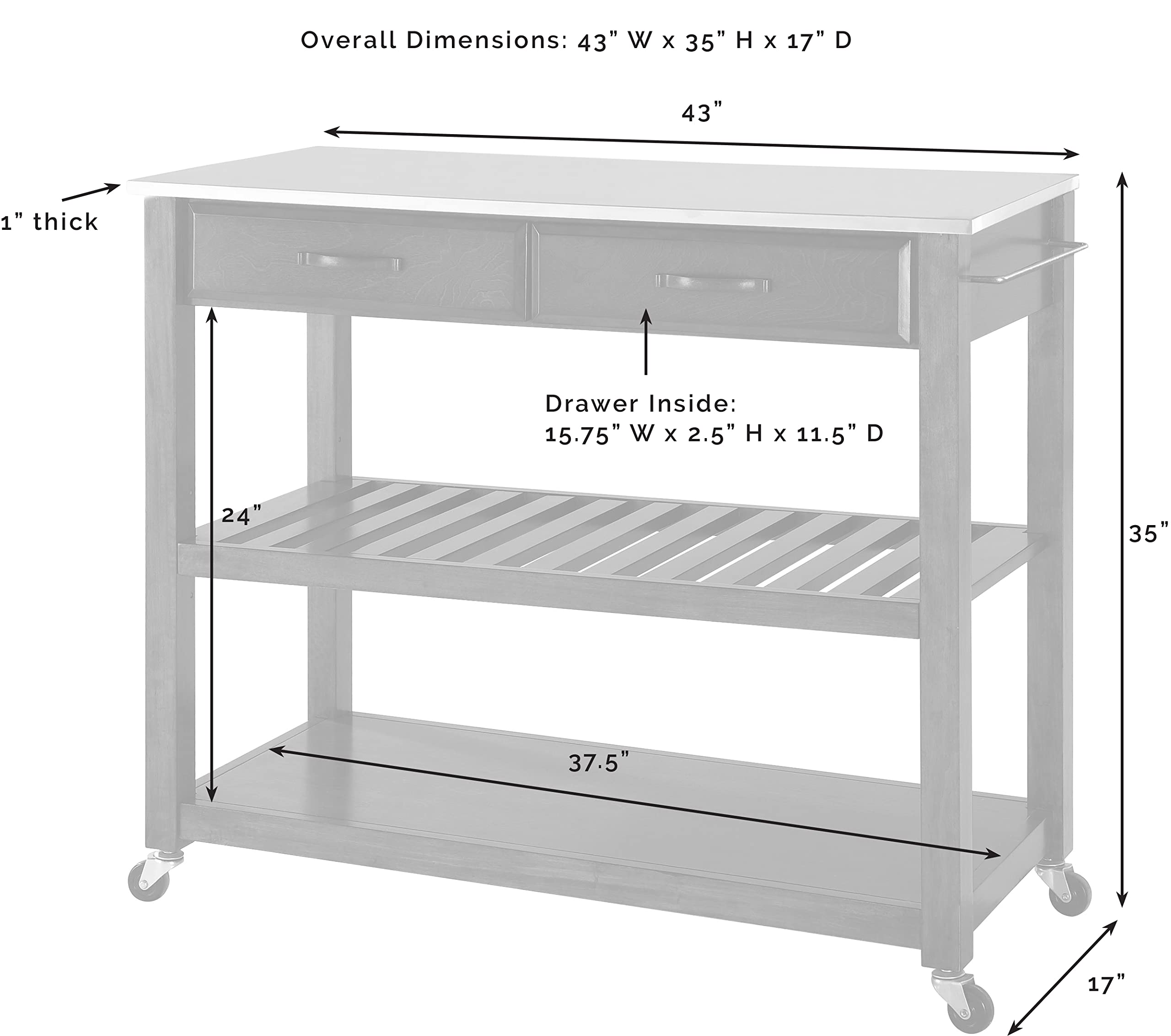Crosley Furniture Stainless Steel Top Kitchen Prep Rolling Cart, Microwave Stand, Coffee Bar, with Shelves, White