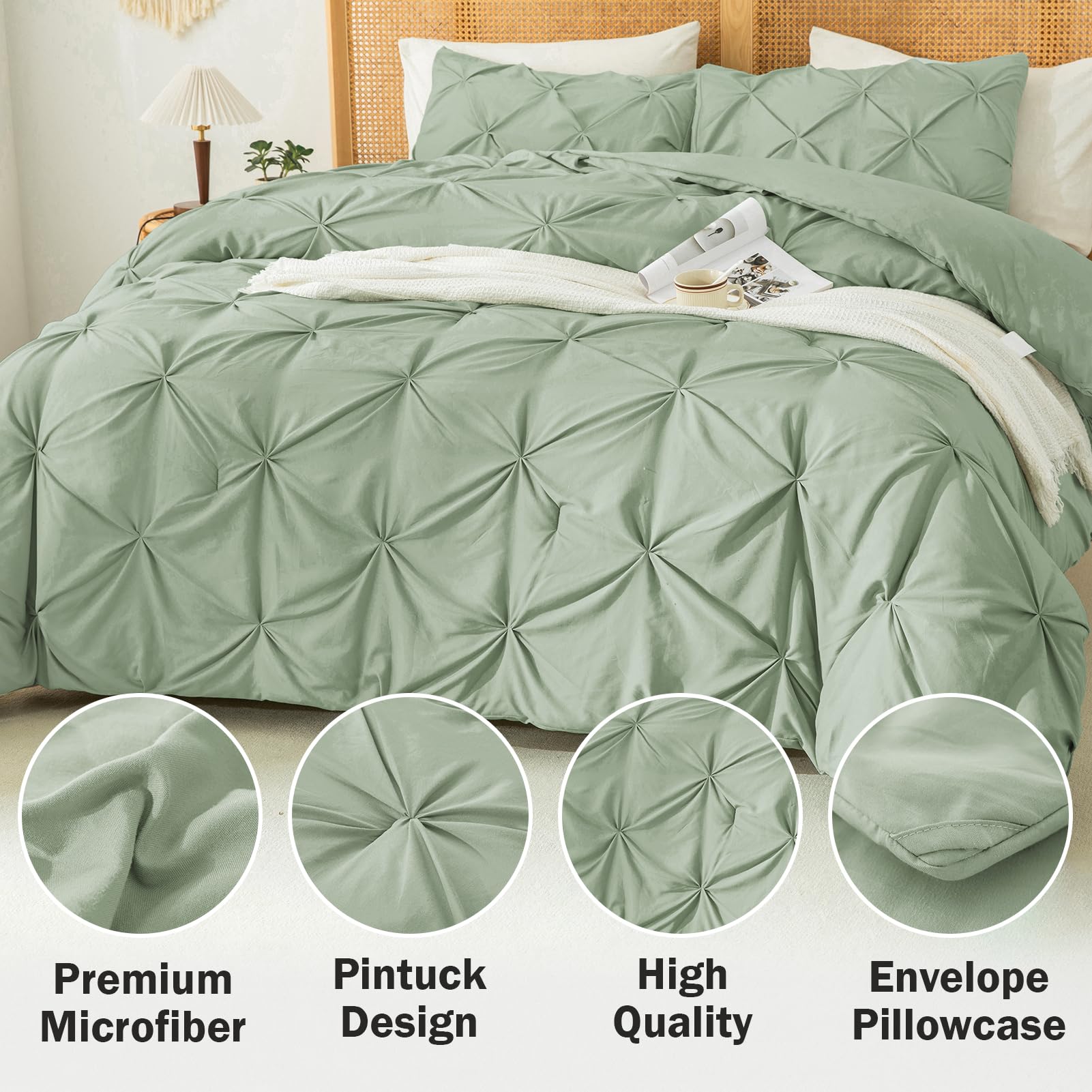 Andency Sage Green Comforter Twin(66X90Inch), 2 Pieces(1 Pintuck Comforter, 1 Pillowcase) Microfiber Pinch Pleat Comforter Set Twin Size, Lightweight And Soft Bedding Comforter Set