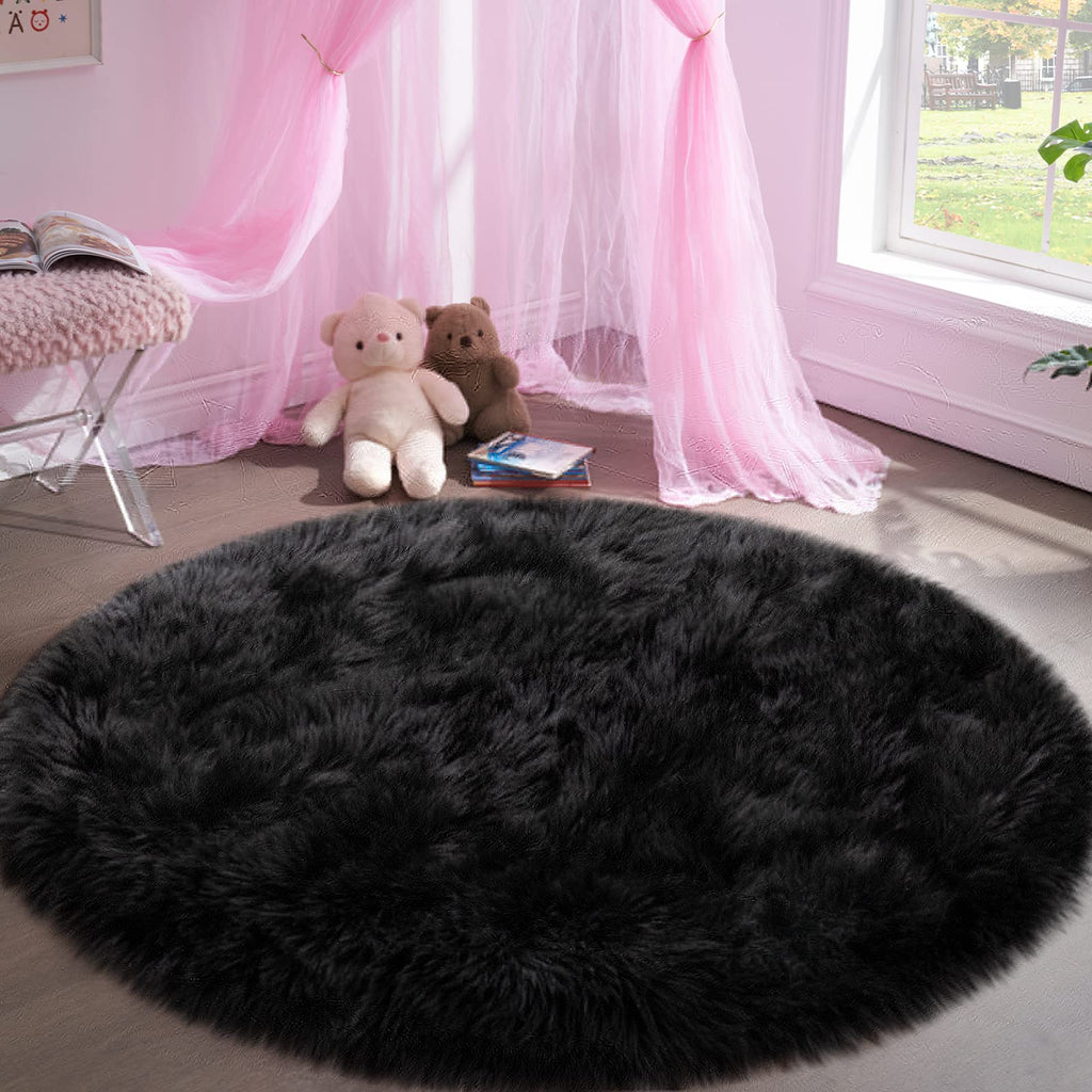 Faux Fur Rug For Bedroom, Black Fluffy Round Rug For Kids Room, Small Furry Circle Rugs 3X3, Soft Shag Circular Rug For Nursery,