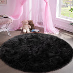 Faux Fur Rug For Bedroom, Black Fluffy Round Rug For Kids Room, Small Furry Circle Rugs 3X3, Soft Shag Circular Rug For Nursery,